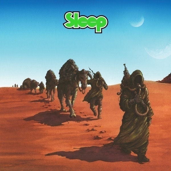 Album cover of Dopesmoker. Painting of a deser with two moons hanging in the bright, cloudless sky. A caravan of camels and people complely covered by retro future robes and breathing machines carrying laser rifles walk towards out perspective.