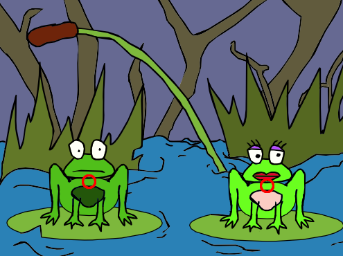 A drawing of two frogs sitting on lilly pads. The girl frog on the right looks away, bored. The boy frog looks nervously towards the girl frog. There are red animation circles over their bodies.