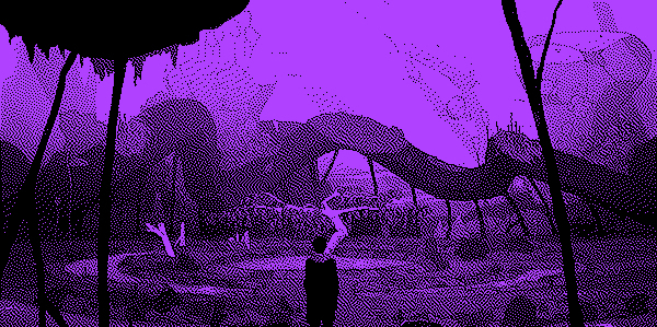 Grainy black and purple photo of an animated panel. An alien landscape stretches out in front of a black woman, small in the frame.