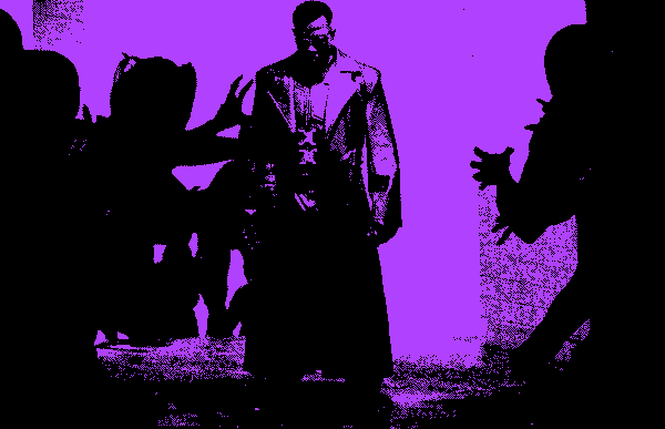 Grainy black and purple photo of Wesly Snipes, a black man, as Blade, preparing to fight a group of vampires closing in.