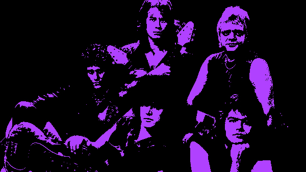 Grainy black and purple photo of the members of German metal band Accept all posed like it&#39;s 1984. It is 1984. They&#39;re all white and have big hair.