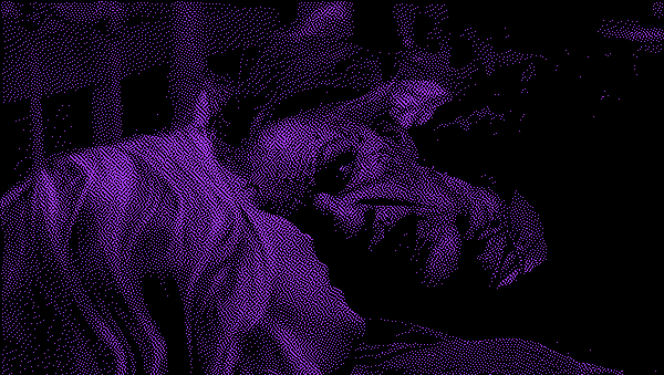 Grainy black and purple photo of a still from Drag me to Hell. The white blond protagonist stares at the demonized visage of an older Romana woman.