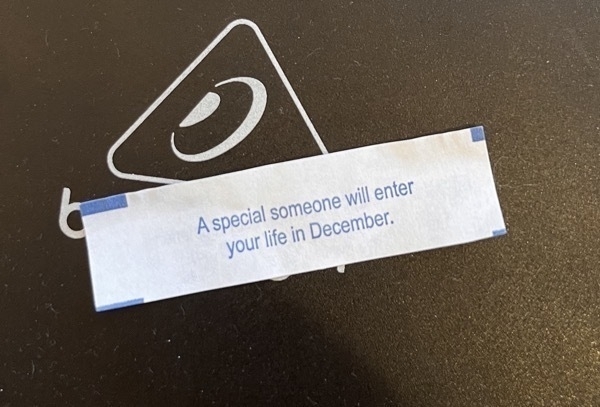 A fortune from a fortune cookie. It reads, "A special someone will enter your life in December."