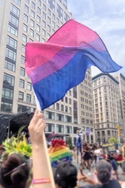 A person in the foreground holds up a flag with horizontal stripes of pink, purple, and blue, representing the bisexual pride flag. The scene is part of a parade, with other participants and colorful decorations visible in the background. Tall buildings surround the parade area, and the sky is partly cloudy. The atmosphere is festive and celebratory.