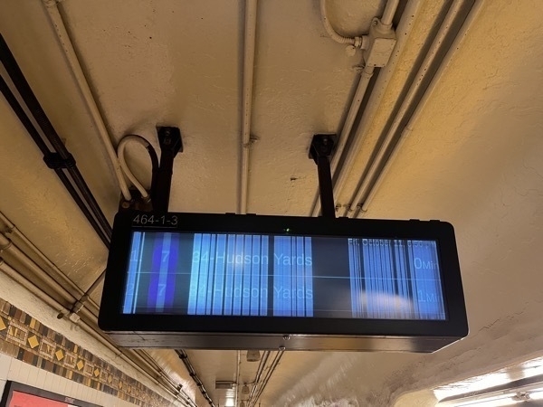 A NYC subway display for the upcoming Hudson Yards bound 7 train, but the screen is all glitchy.