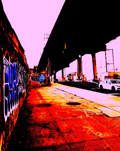 A photo of an abandoned  Brooklyn street under an elevated highway. There is graffiti on the retraining wall on the left, and parked cars on the street. The image is stylized with filters to produce hightened reds and pinks, with jagged color stops.