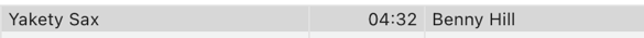 Screenshot of a music player song listing. It says "Yakety Sax" by Benny Hill, with a runtime of 04:32