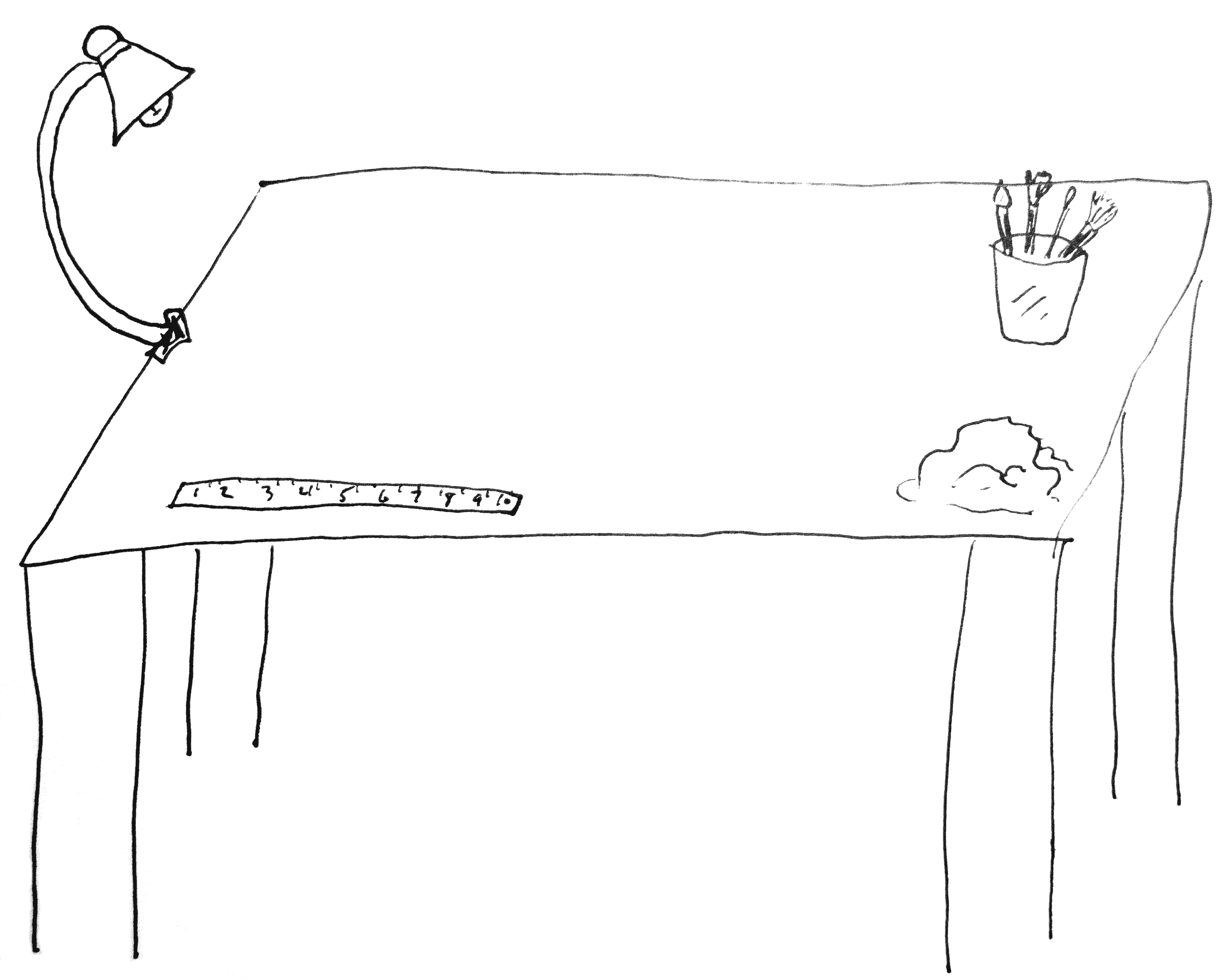 Auto-generated description: A simple line drawing depicts a table with a lamp, ruler, pencil holder, and a crumpled piece of paper.