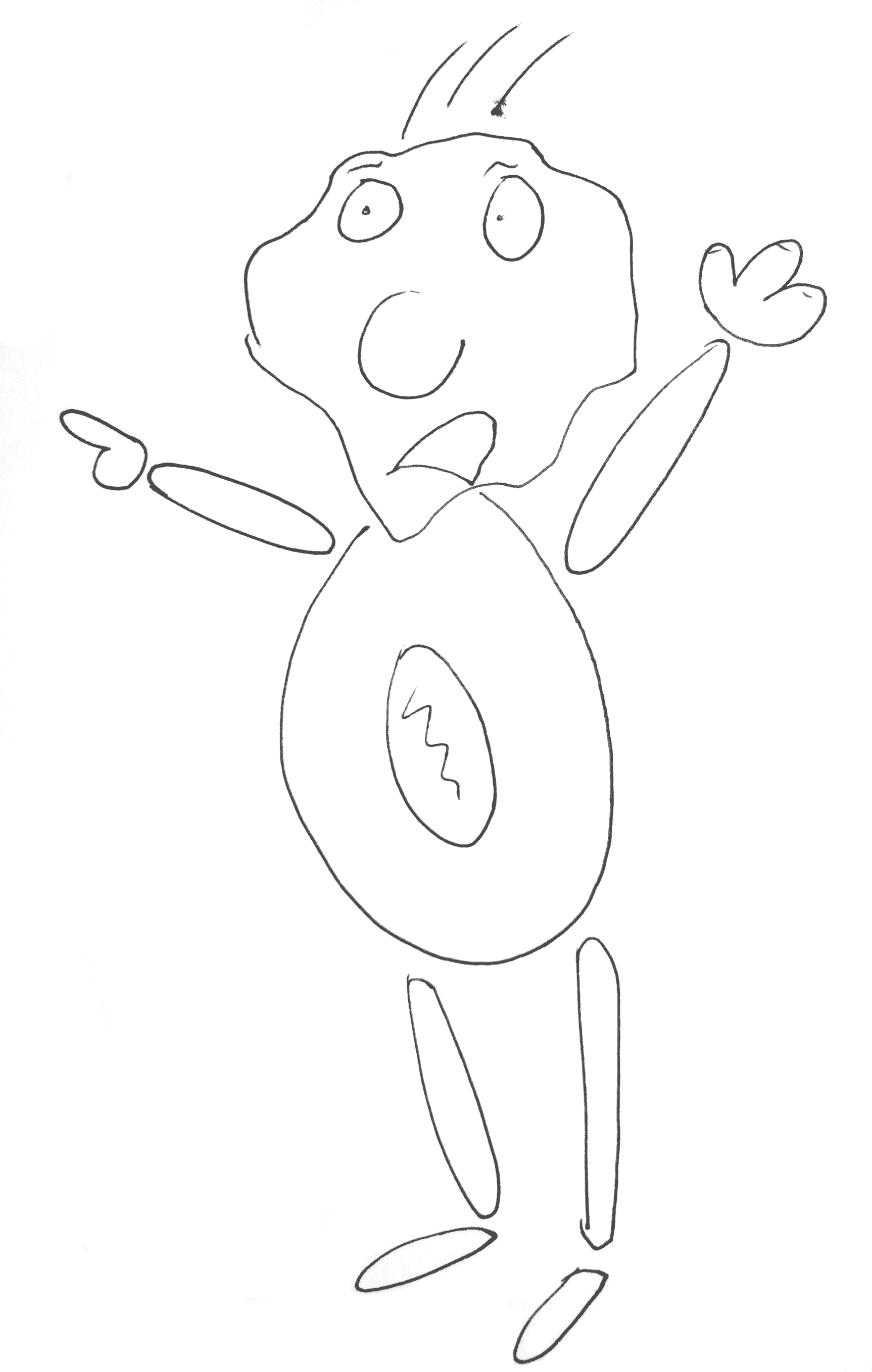 A hand drawn image of a humanoid creature with exaggerated features. It points off in the distance with a surprised expression. It has a big ol' honker.