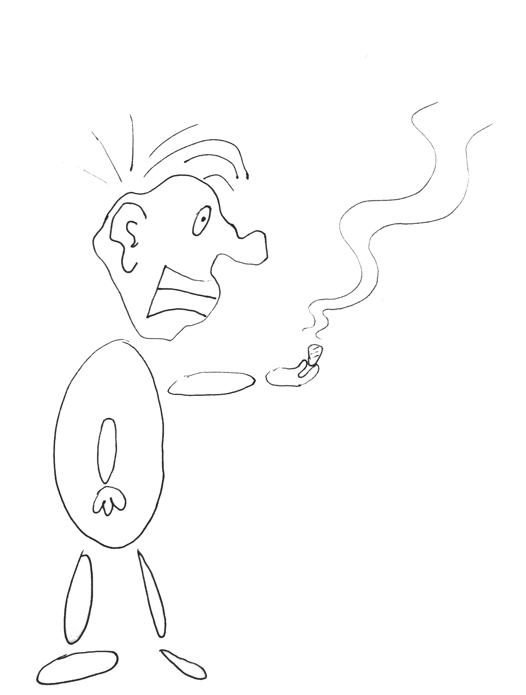 A hand drawn image of an intense looking humanoid critter with exaggerated features. The creature holds some sort of smoking object. Maybe it's incense?