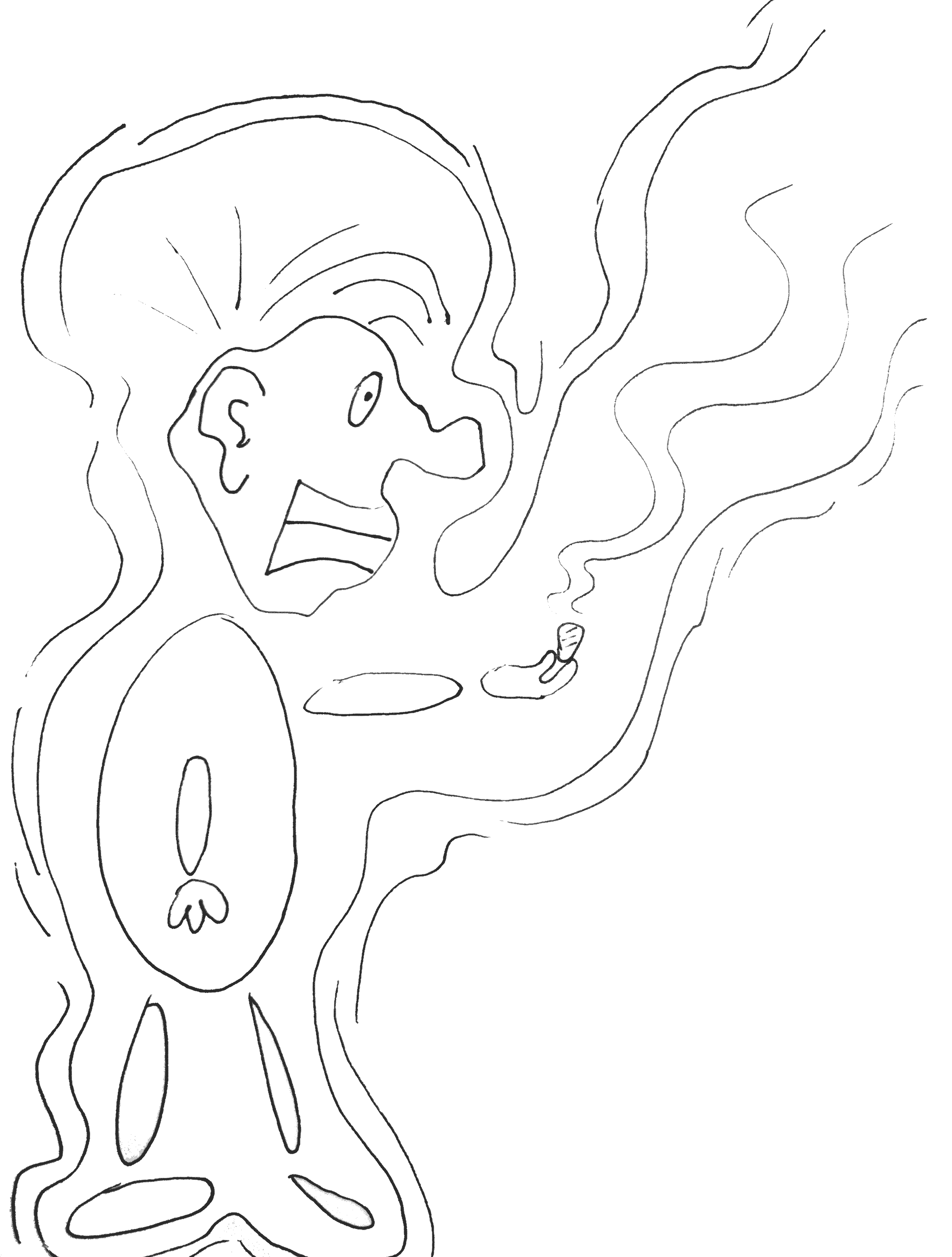 A hand drawn image of the same intense creature from before, only surrounded by wavy lines