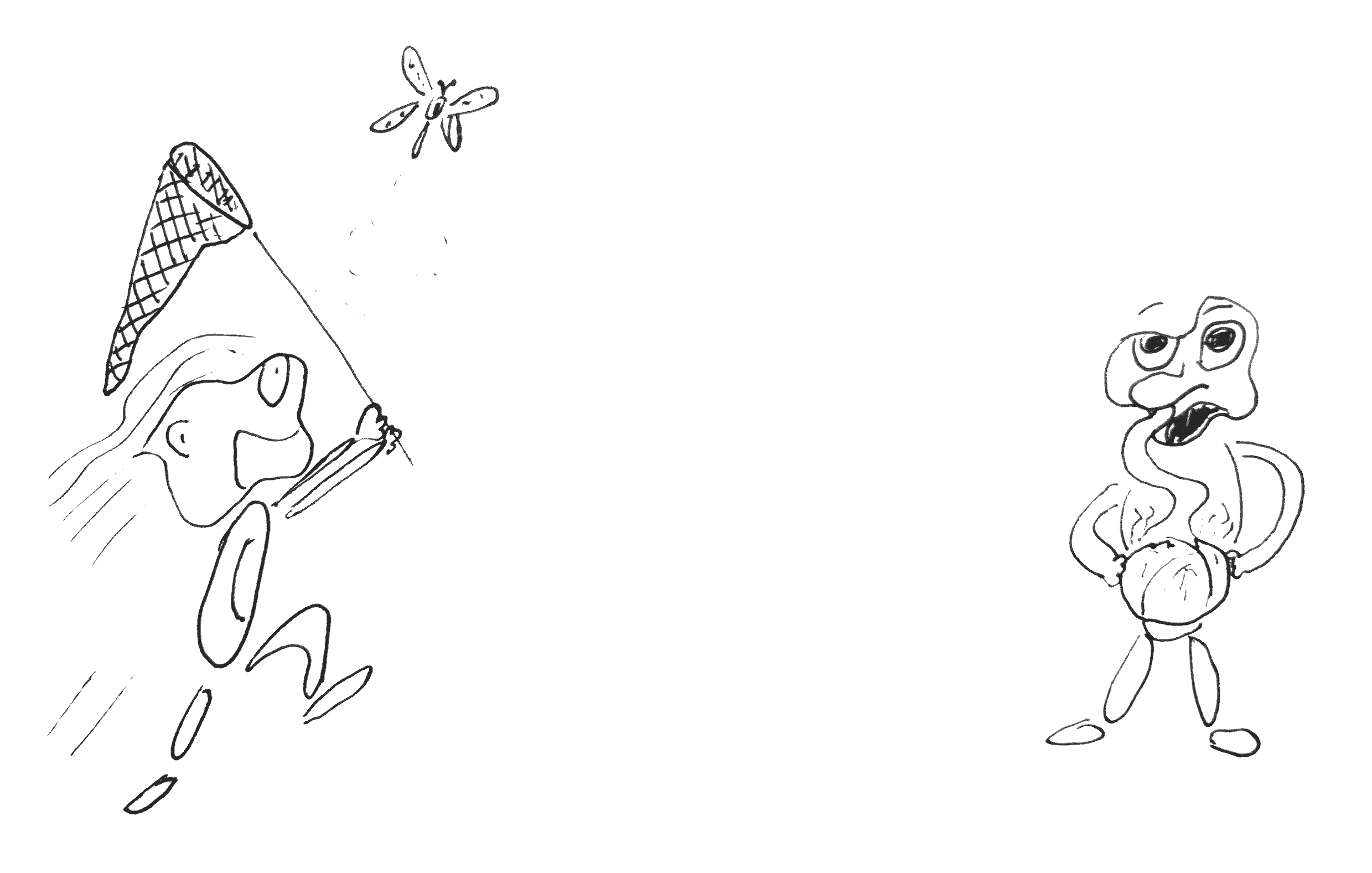 A hand drawn image of a critter chasing a butterfly with a net and looking happy, across from another smelling a cabbage and looking upset about it.