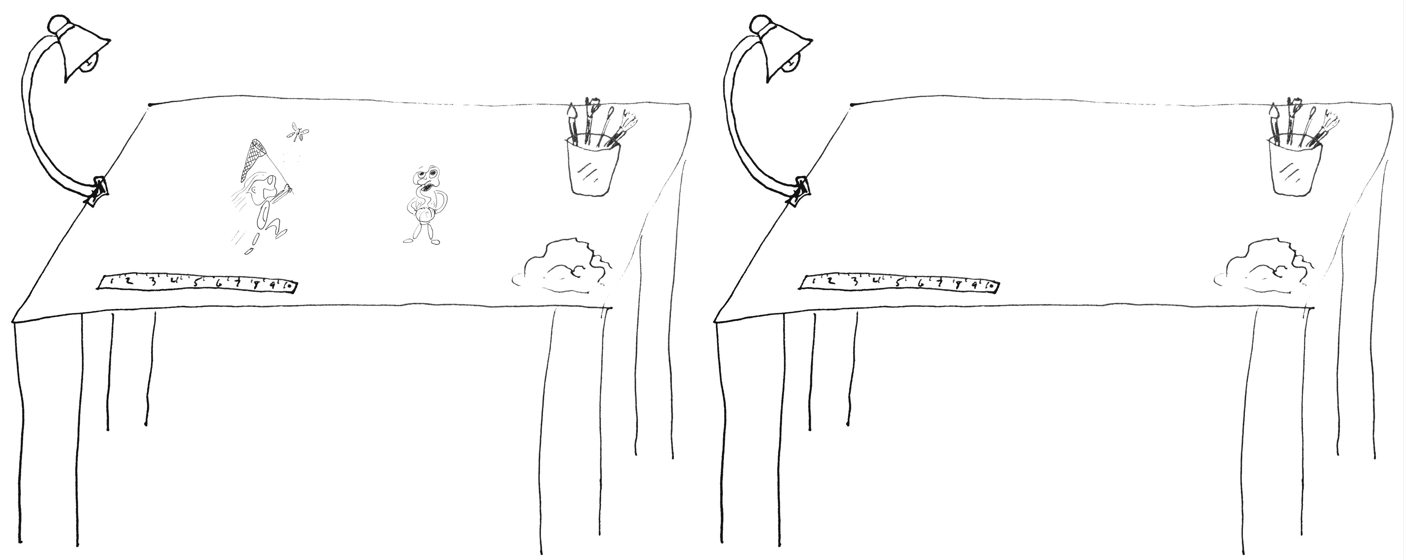 A hand drawn image of 2 work benches. The first work bench has the critter butterfly and cabbage scene, from above. The second work bench has no critters on it.