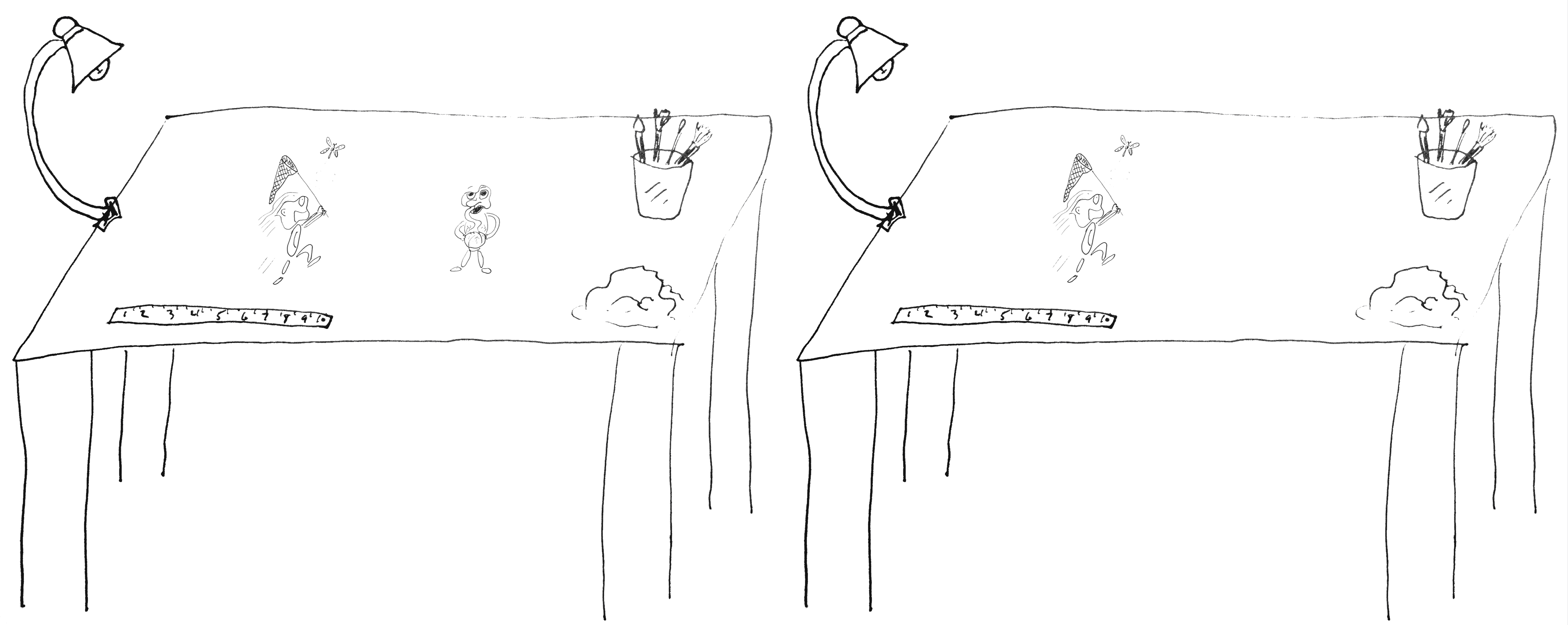 A hand drawn image of the same double work benches, only this time the butterfly critter appears on the second work bench as well as the first