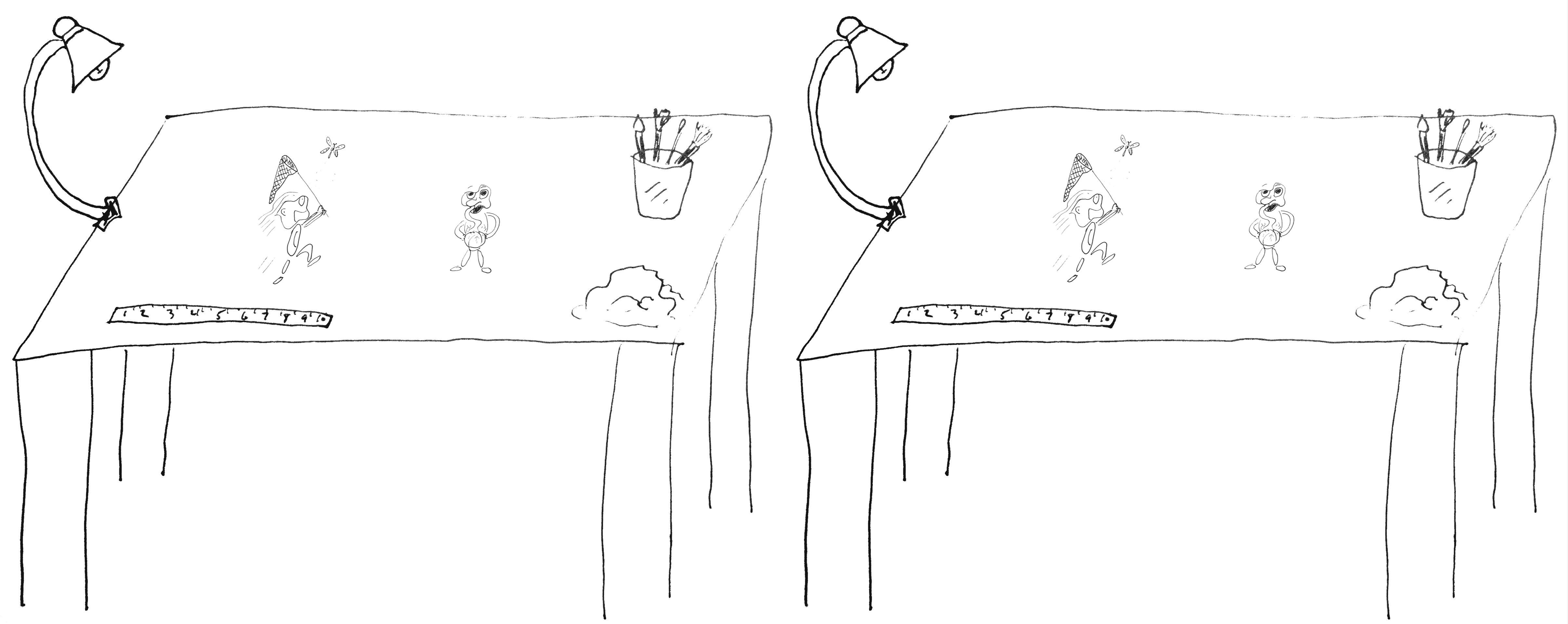 A hand drawn image of the same double work benches, only now they both have the entire butterfly and cabbage critter scene