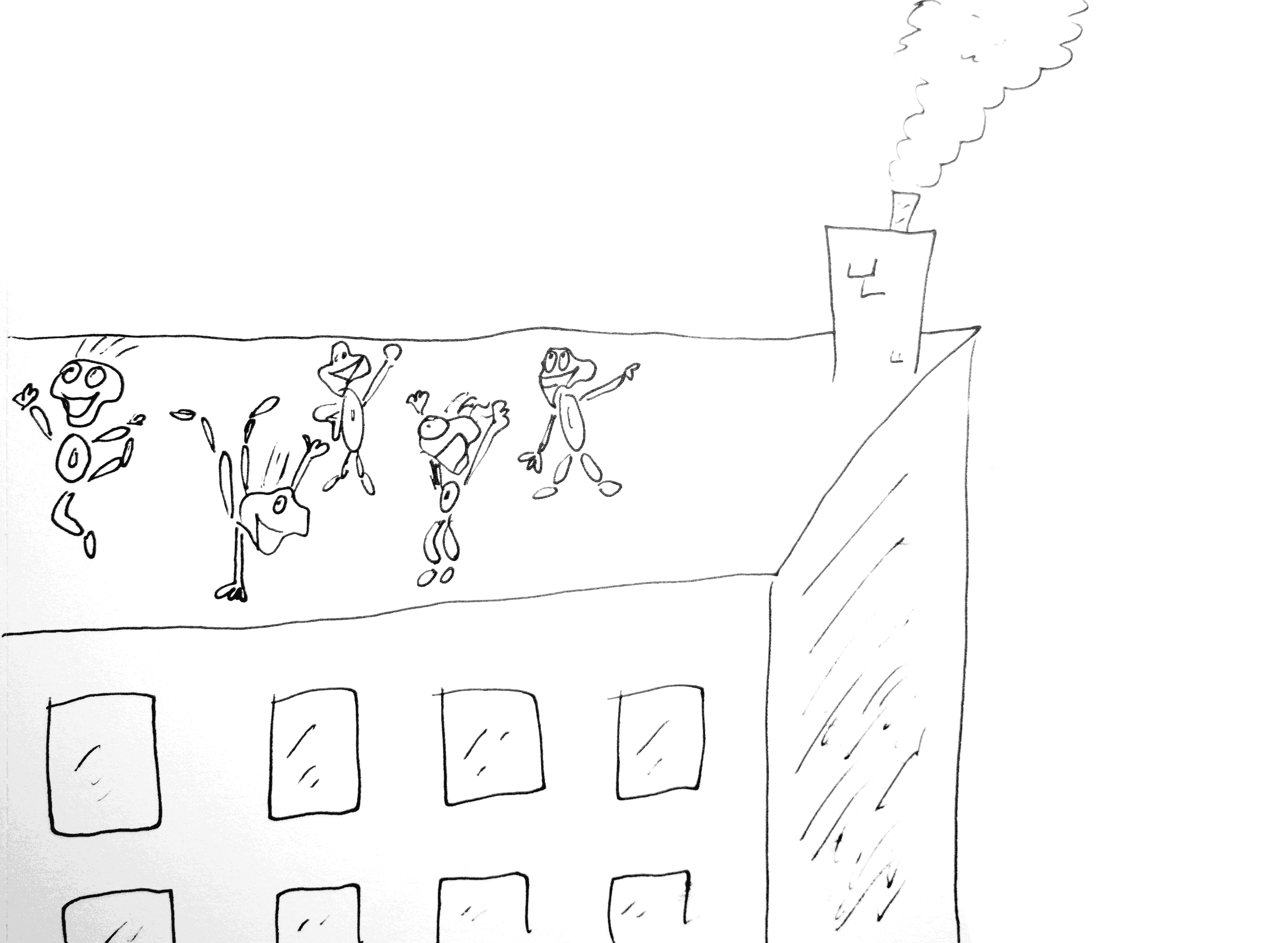 Auto-generated description: Four stick figure characters are joyfully dancing on the rooftop of a building with a smoking chimney.