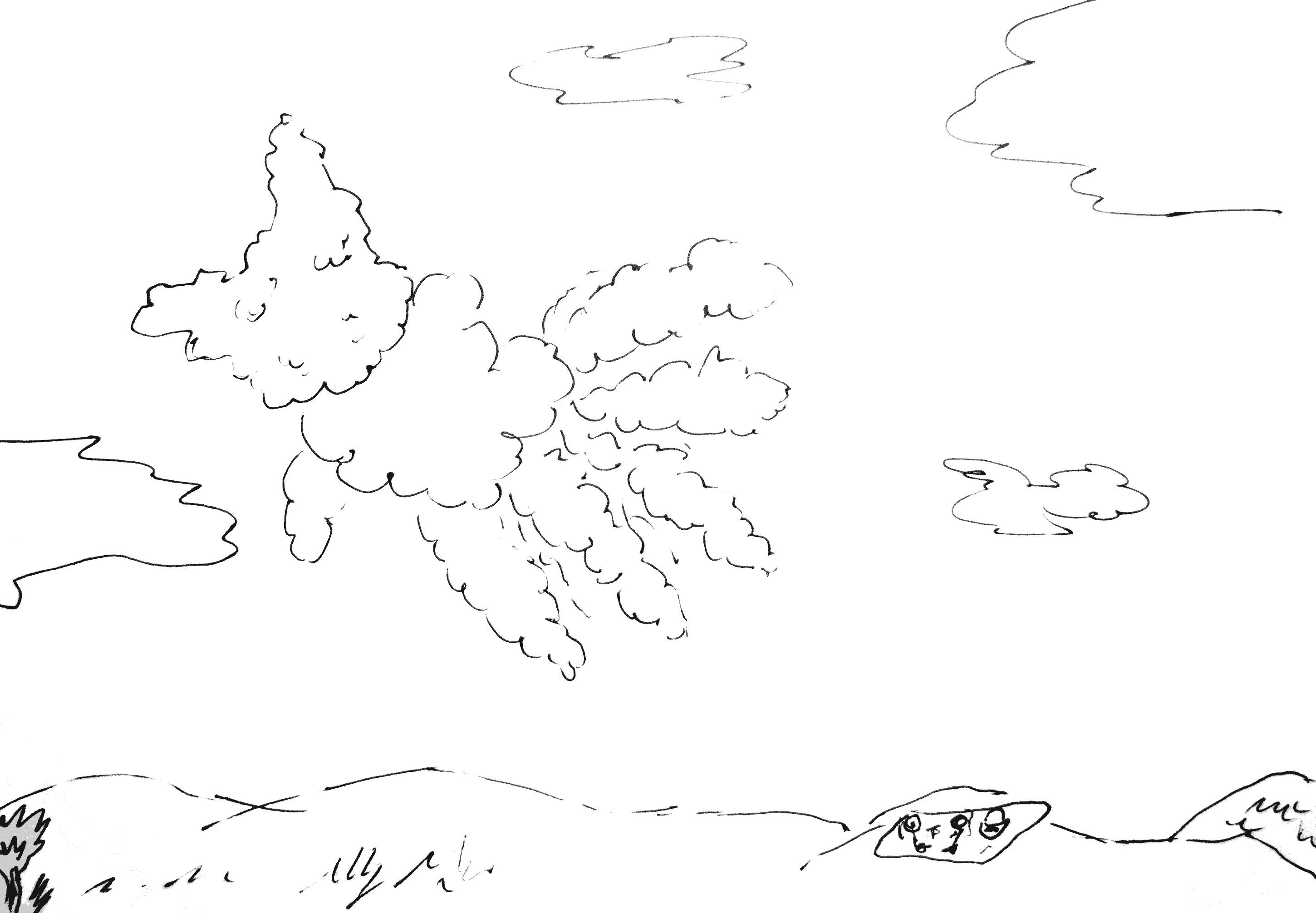 A hand drawn image of a picnic with 2 little stick figures sitting on a blanket. Most of the image is the sky. There's a prominent cloud that looks a bit like the Github mascot, the Octocat.