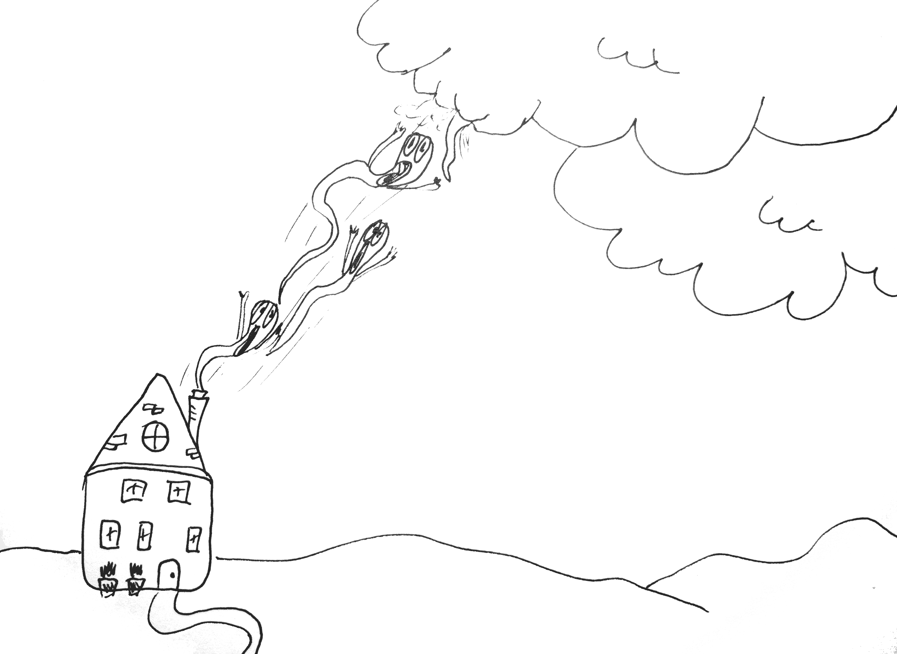 Auto-generated description: A whimsical drawing depicts three ghostly figures goofy emerging from a house's chimney and flying up into the clouds.