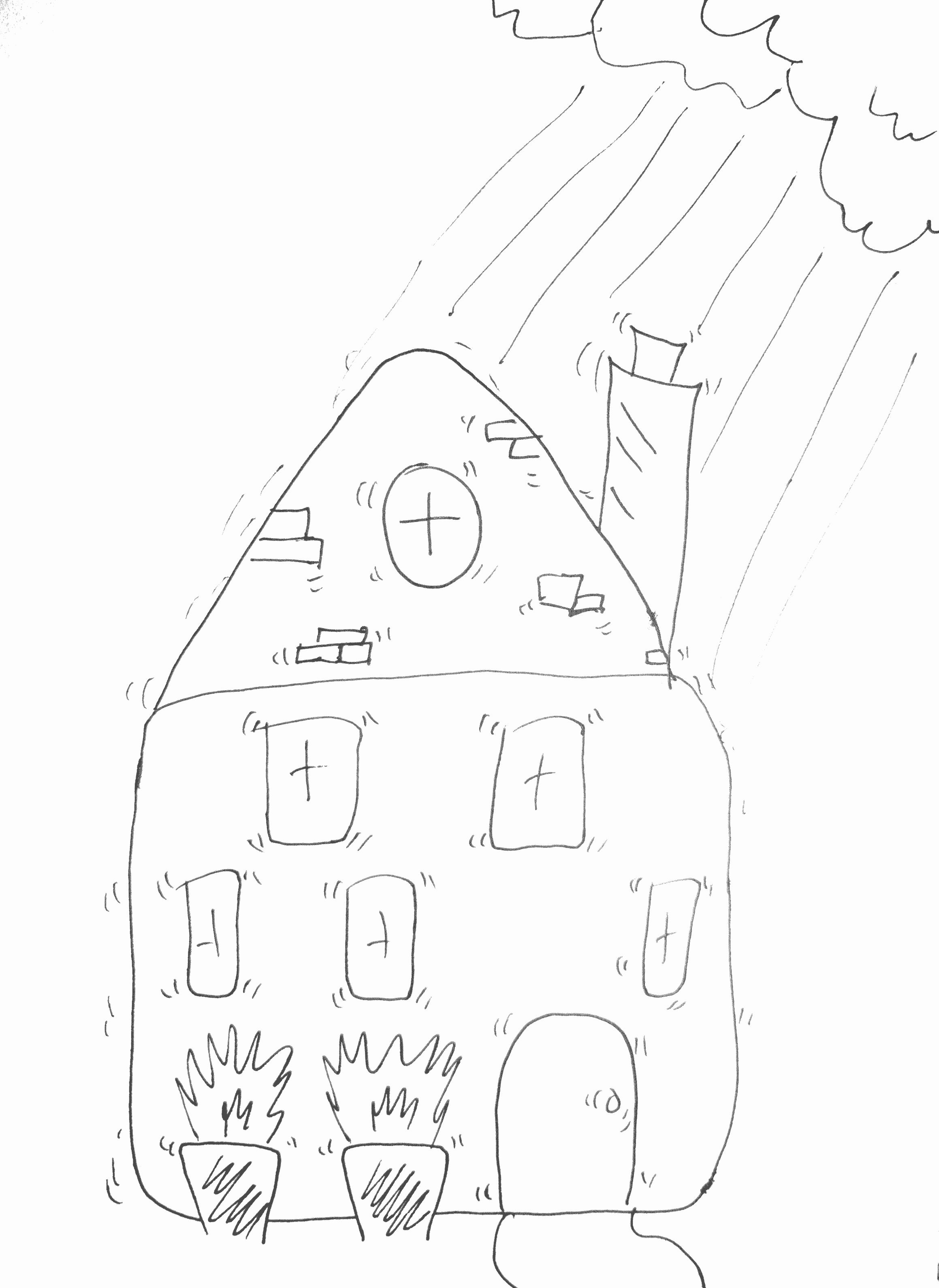 A hand drawn image of the cottage from the previous image. There's lines coming from the cloud, and the house is vibrating.