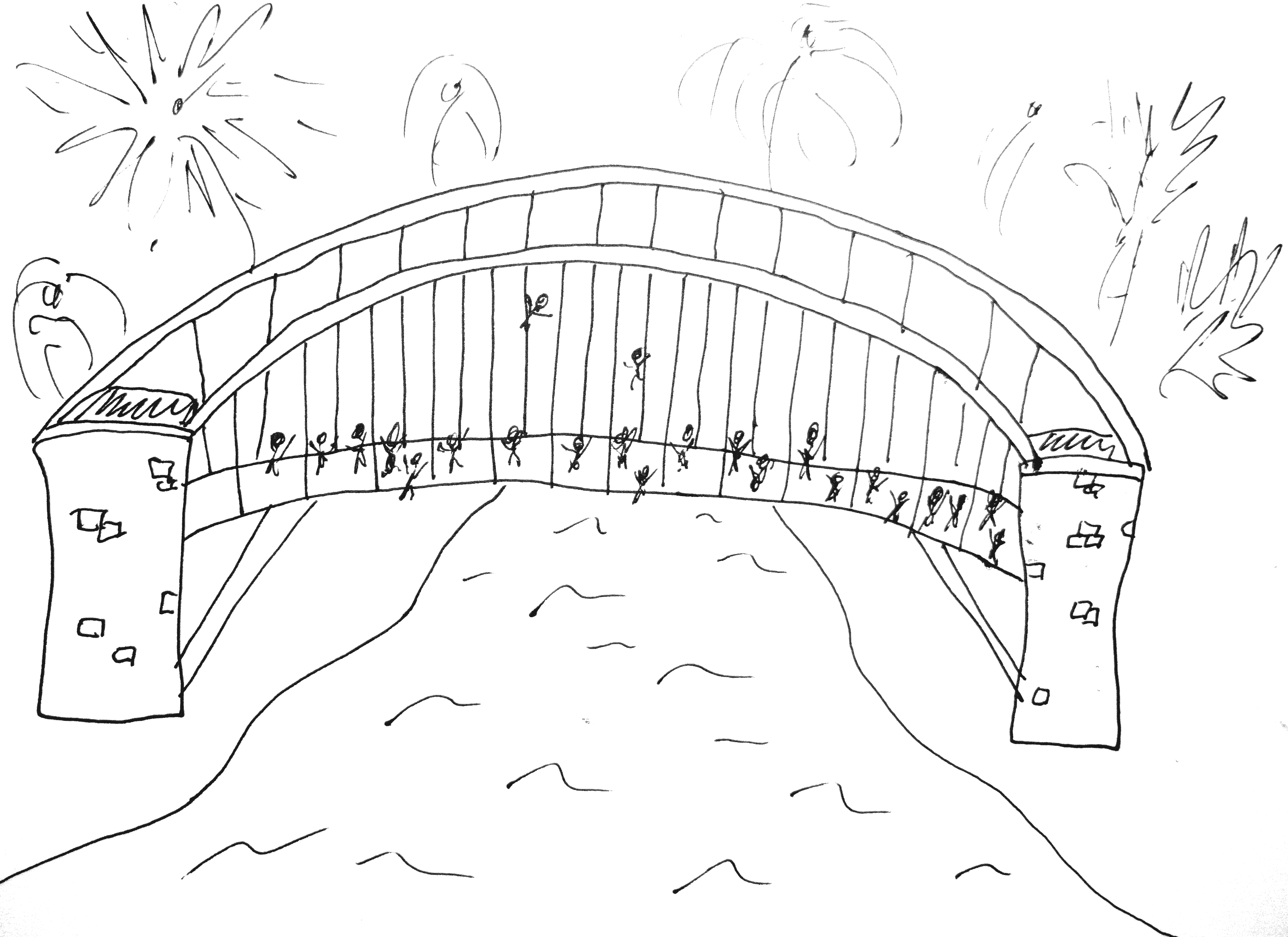 A hand drawn image of a bridge over a river with lots of tiny stick figure critters partying along it. Some are climbing up the suspension cables. There's fireworks exploding overhead.