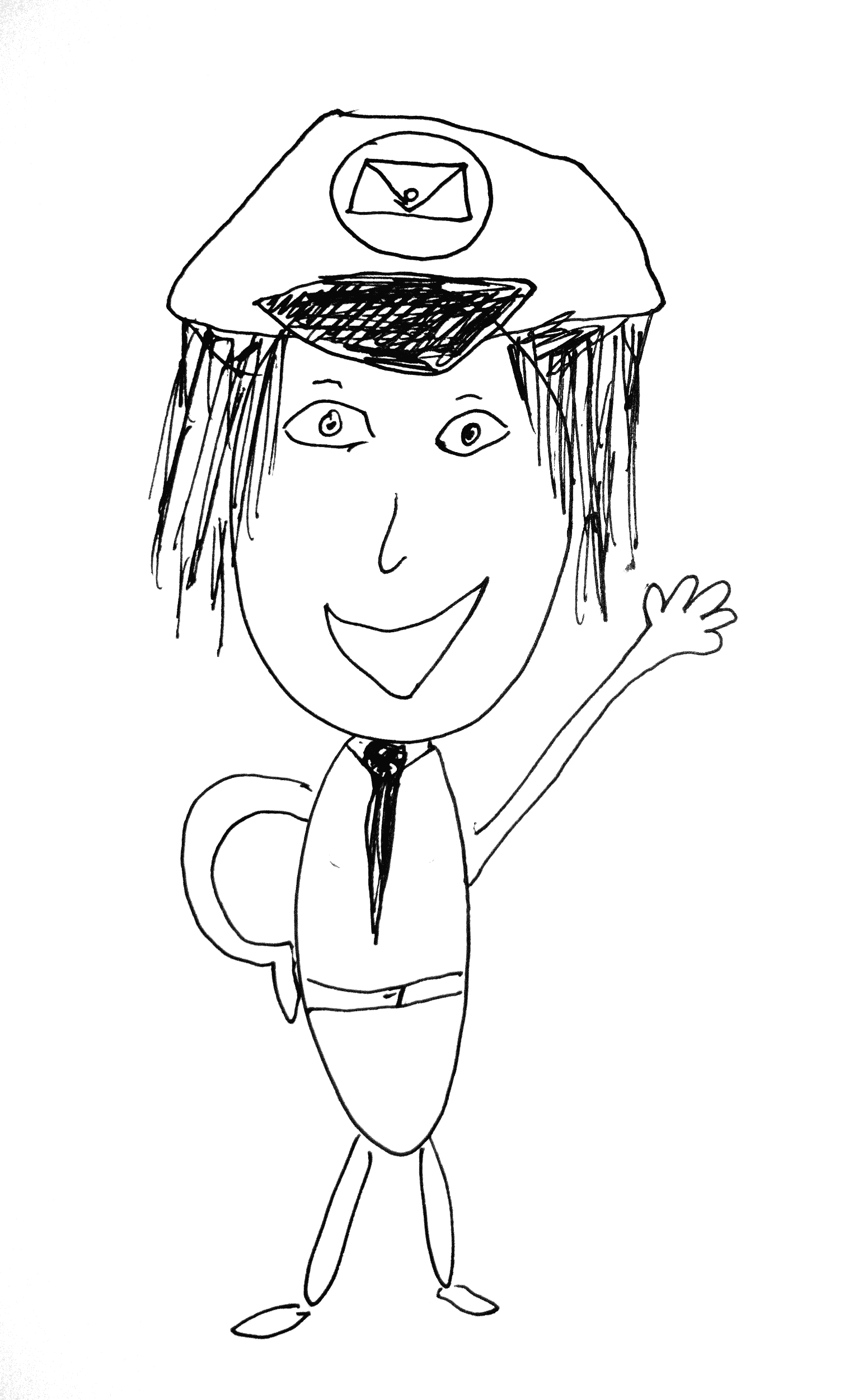 A hand drawn image of mail carrier Julia. She wears a mail hat, a tie, and a friendly expression. She's waving.