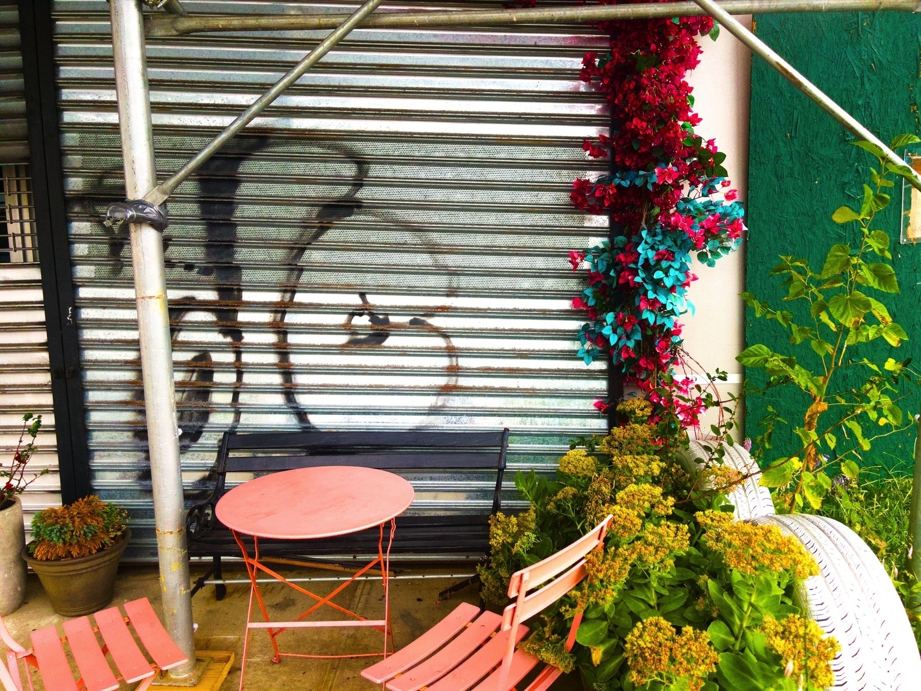 Auto-generated description: A small outdoor seating area with pink chairs and table is surrounded by plants and a graffiti-covered metal shutter.