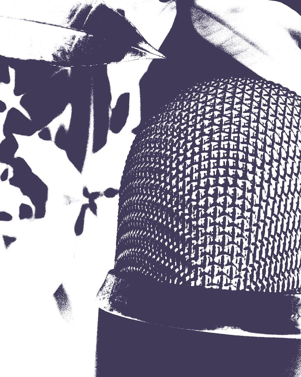 Auto-generated description: A stylized, high-contrast image depicting a textured helmet and abstract shapes.