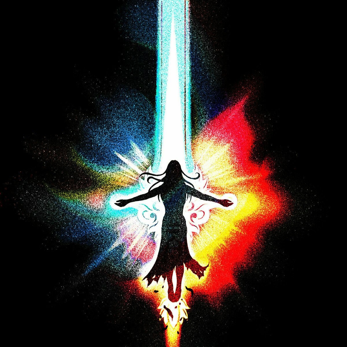 Auto-generated description: A silhouette of a person is illuminated by a vibrant, multicolored energy beam from above.