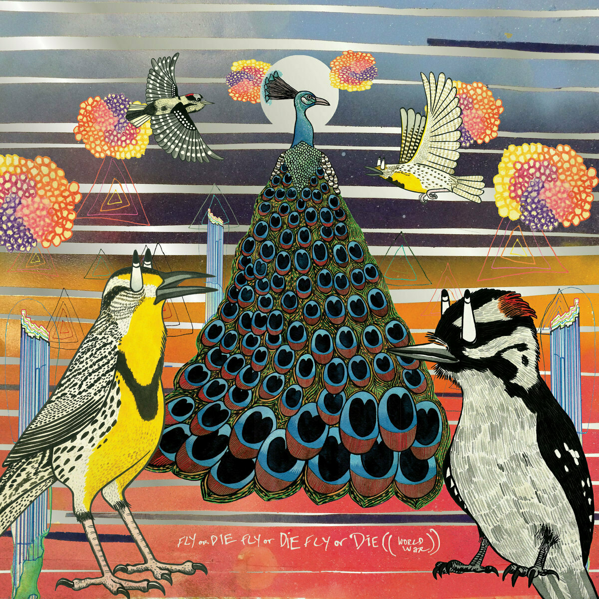 Auto-generated description: A vibrant illustration features a peacock with other birds and colorful abstract patterns.