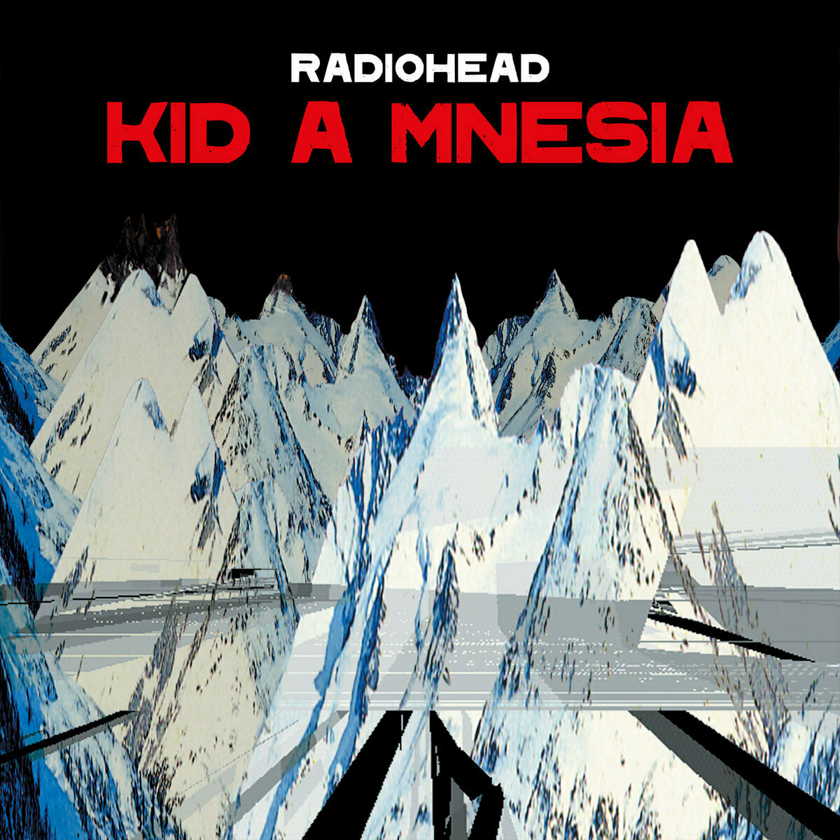 Auto-generated description: A surreal, digitalized landscape of jagged, snow-covered mountains is featured under the words RADIOHEAD KID A MNESIA in bold red and white text.