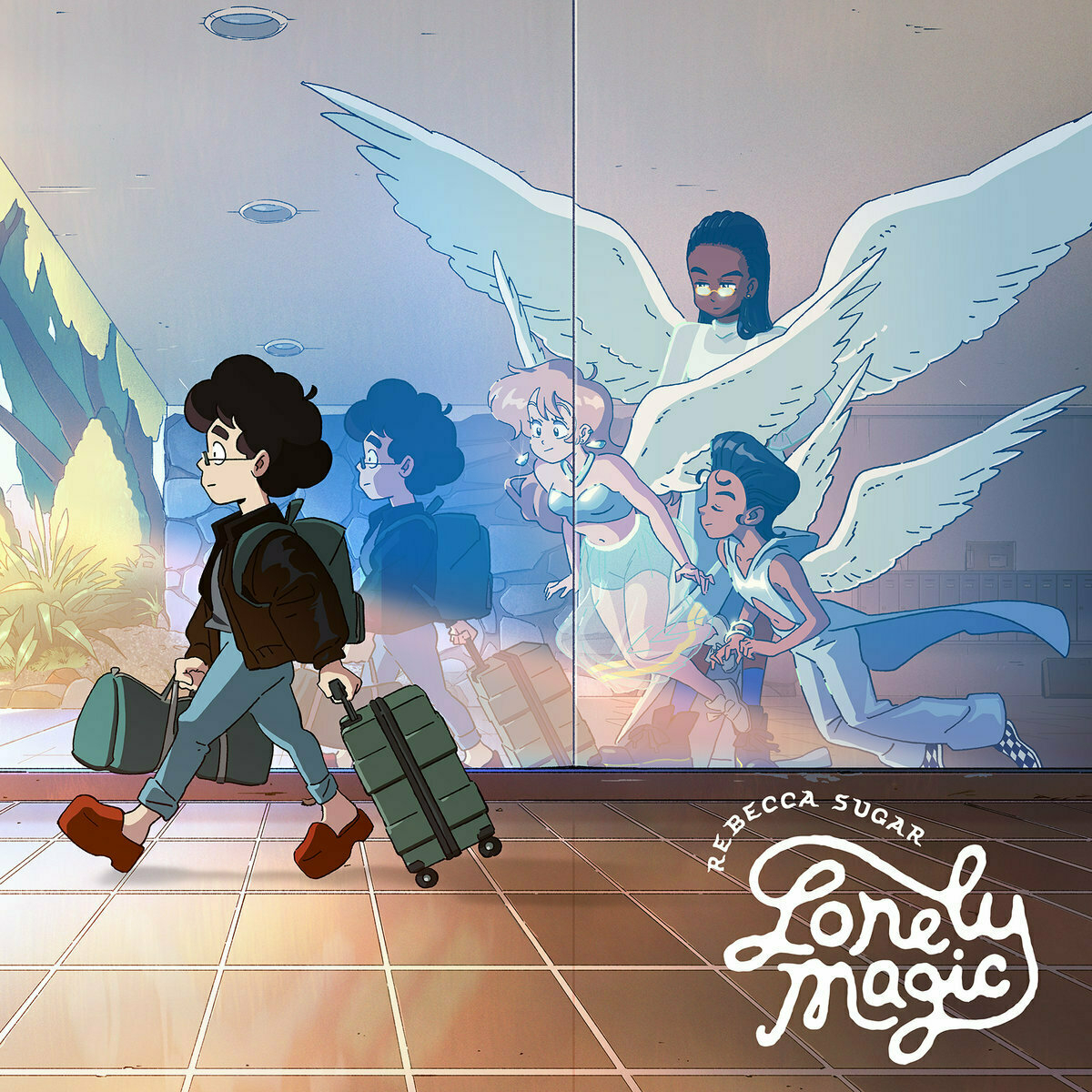 Auto-generated description: A young person carrying luggage walks past a window reflecting angelic figures inside, with the title Lonely Magic by Rebecca Sugar displayed.