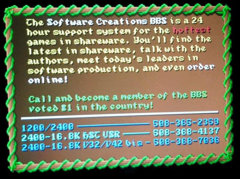 Auto-generated description: A retro-style advertisement promotes the Software Creations BBS as a 24-hour support system for popular shareware games, providing phone numbers for various modem speeds to join the service.