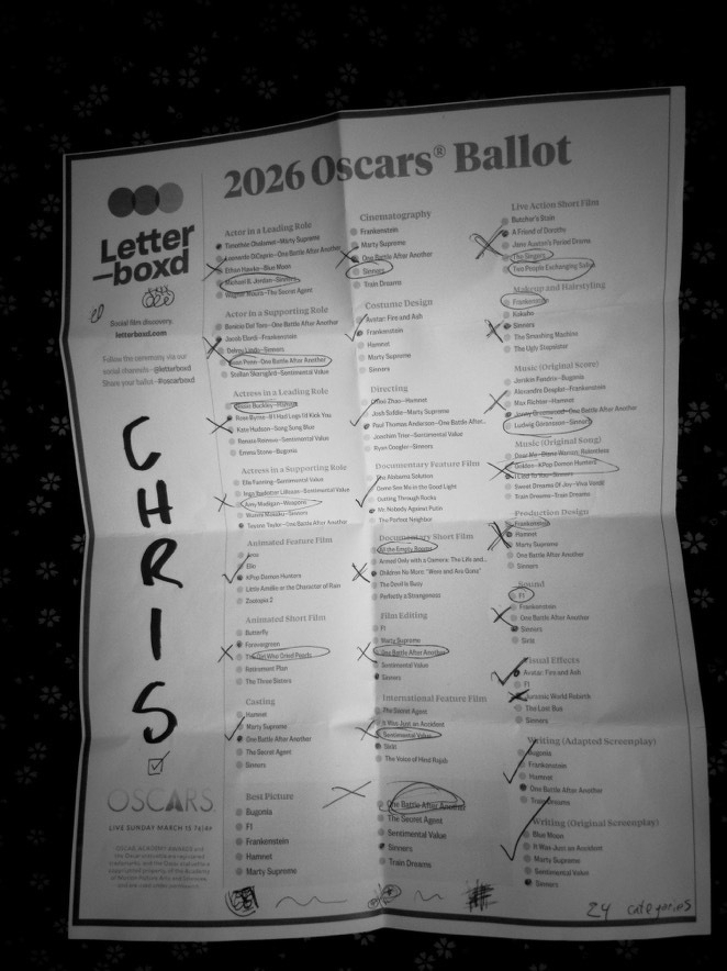 Auto-generated description: A filled-out 2026 Oscars ballot from Letterboxd is marked with selections and personalized with the name Chris. Actor ins a leading role is marked for Timmy, but went to Michael B. Actor in a Supporting Rolele is marked for Elordi, and went to Sean Penn. Actress in a Leading Rolele is marked for Rose Byrne, and went to Jessie Buckley. Actress in a Supporting Rolele is marked for Teyana Taylor, and went to Amy Madigan. Animated Feature Film is marked for KPop Demon Hunters, which won. Animated Short Film is marked for Forevergreen, and went to The Girl Who Cried Pearls. Casting is marked for One Battle After Another, which won. Cinematography is marked for One Battle After Another, and went to Sinners. Costume Design is marked for Frankenstein, which won. Directing is marked for PTA, who won. Documentary Feature Film is marked for Mr. Nobody Against Putin, which won. Documentary Short Film is marked for Children No More, which went to All the Empty Room. Film Editing is marked for Sinners, which went to One Battle After Another. Live Action Short Film is marked for A Friend of Dorothy, which went to The Singers AND Two People Exchanging Saliva. Makup and Hairstyling is marked for Sinners, which went to Frankenstein. Music (Original Score) is marked for One Battle After Another, which went to Sinners. Music (Original Song) is marked for Sinners, which went to KPop Demon Hunters. Production Design is marked for Hamnet, which went to Frankenstein. Sound is marked for Sinners, which went to F1. Visual Effects had been marked for Jurassic World Rebirth, and was changed to Avatar: Fire and Ash, which won. Writing (Adapted Screenplay) is marked for One Battle After Another, which won. Writing (Original Screenplay) is marked for Sinners, which won. Best Picture is marked for Sinners, which went to One Battle After Another.