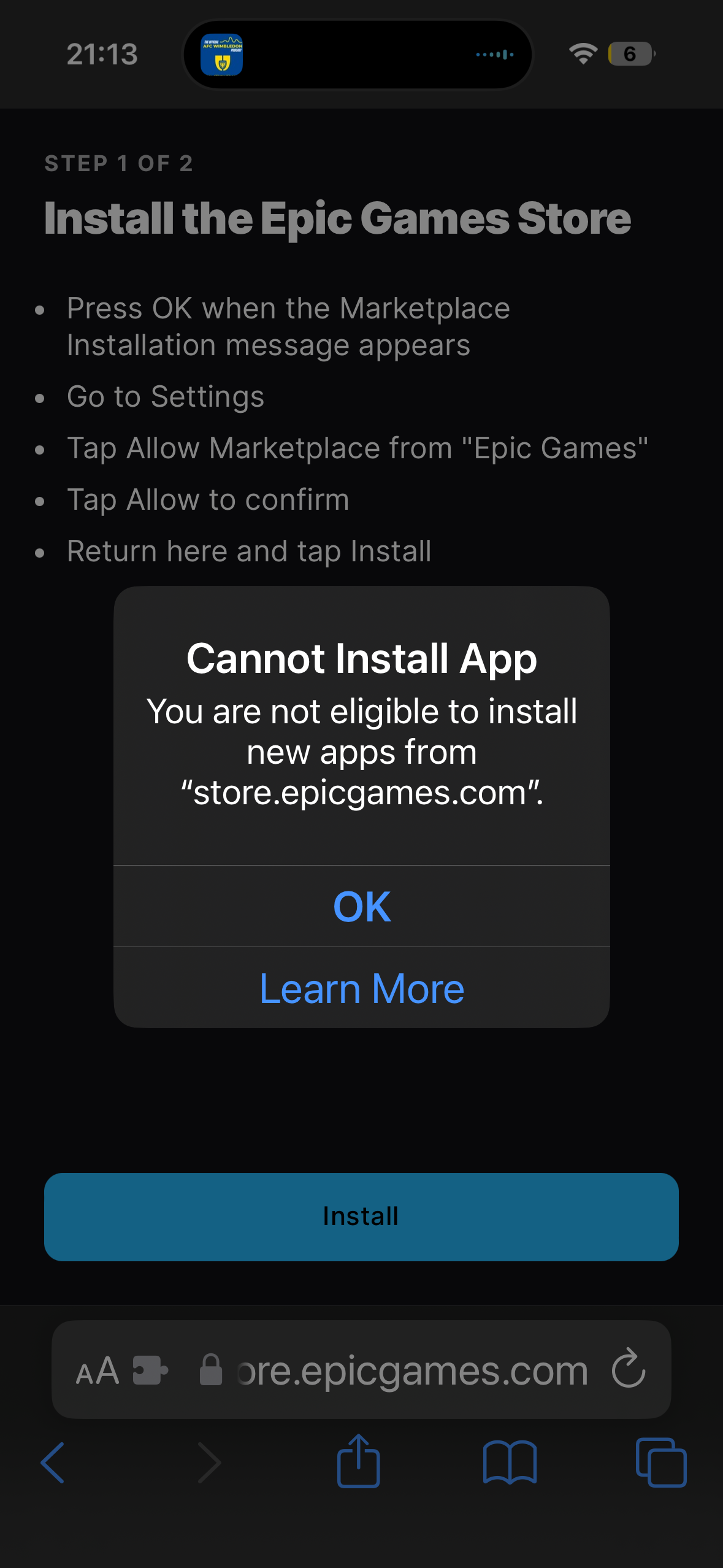 Error message on iOS when trying to install a market place app outside the EU 