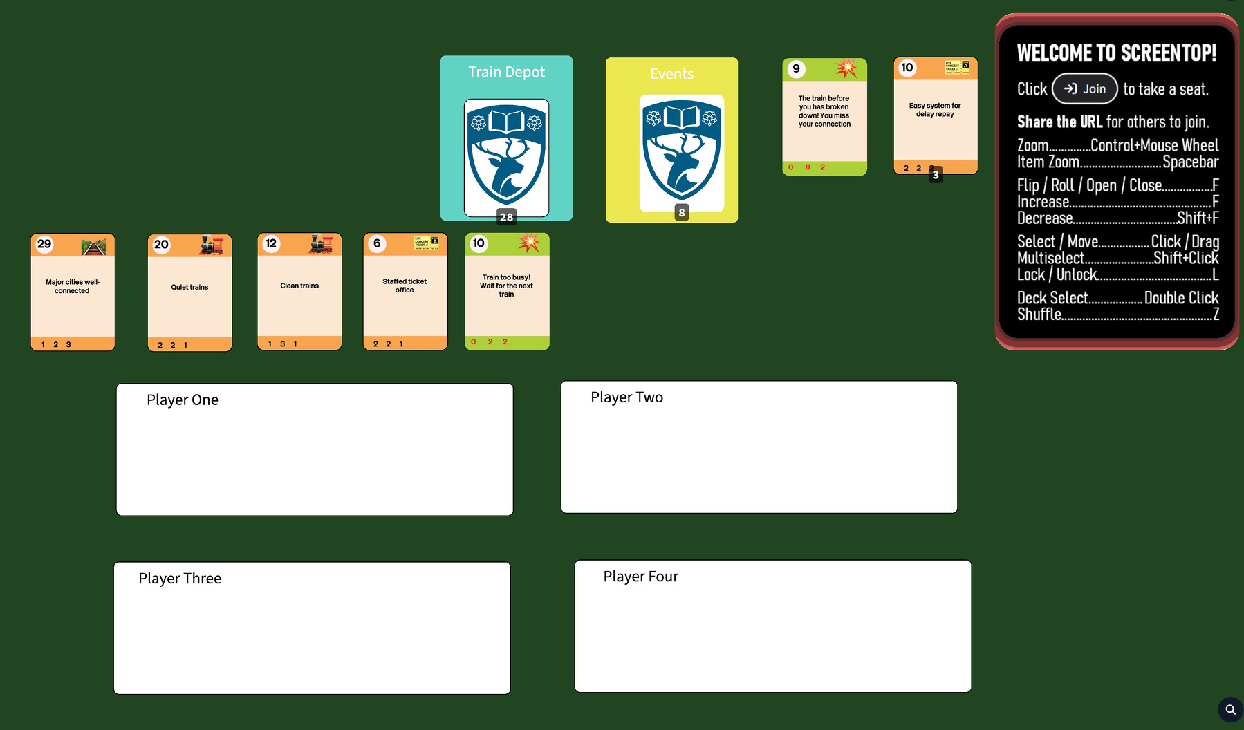 A digital tabletop game setup features a central display of cards labeled Train Depot and Events, surrounded by blank player areas labeled Player One, Player Two, Player Three, and Player Four.