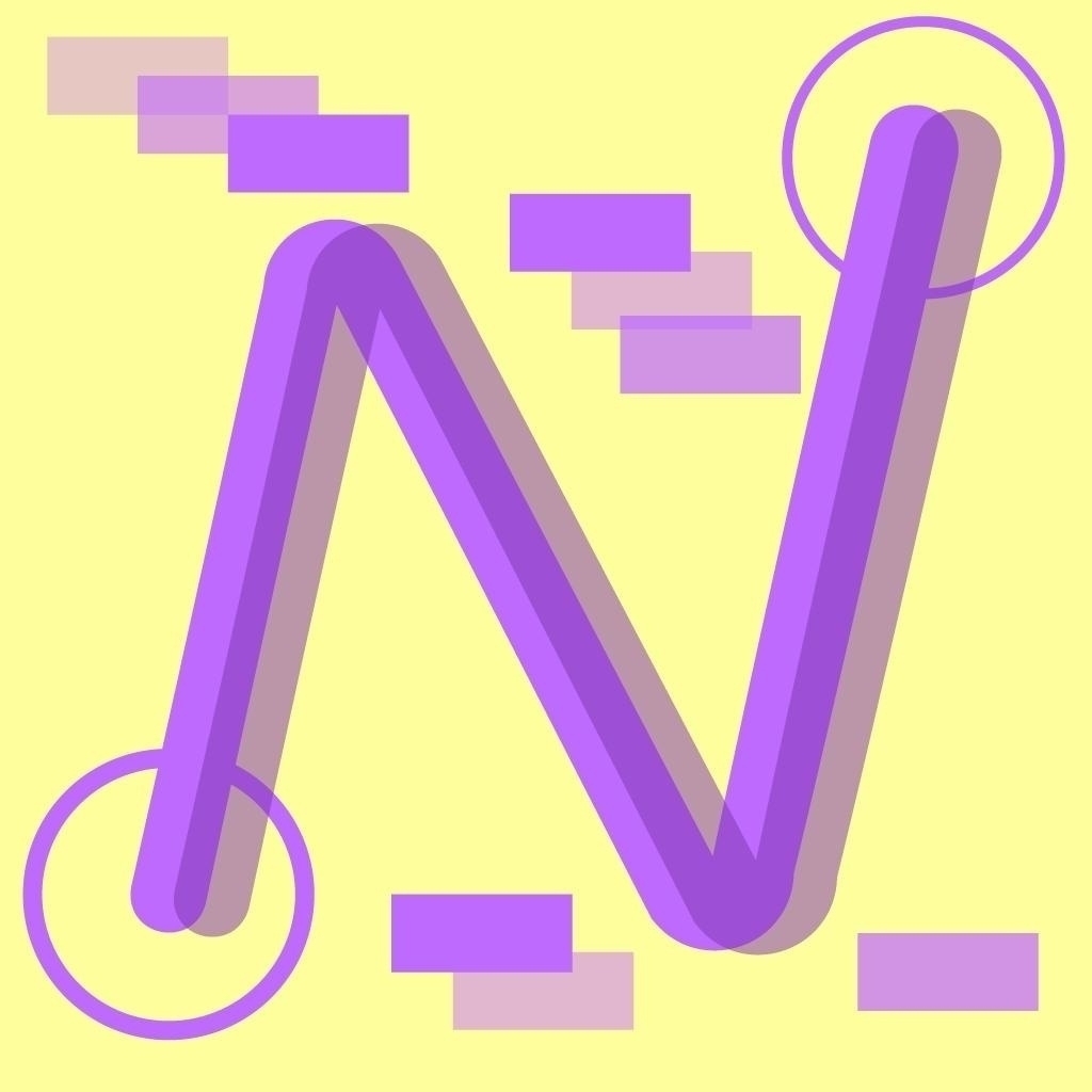 A stylized purple letter "N" is overlaid with geometric shapes and circles on a yellow background.
