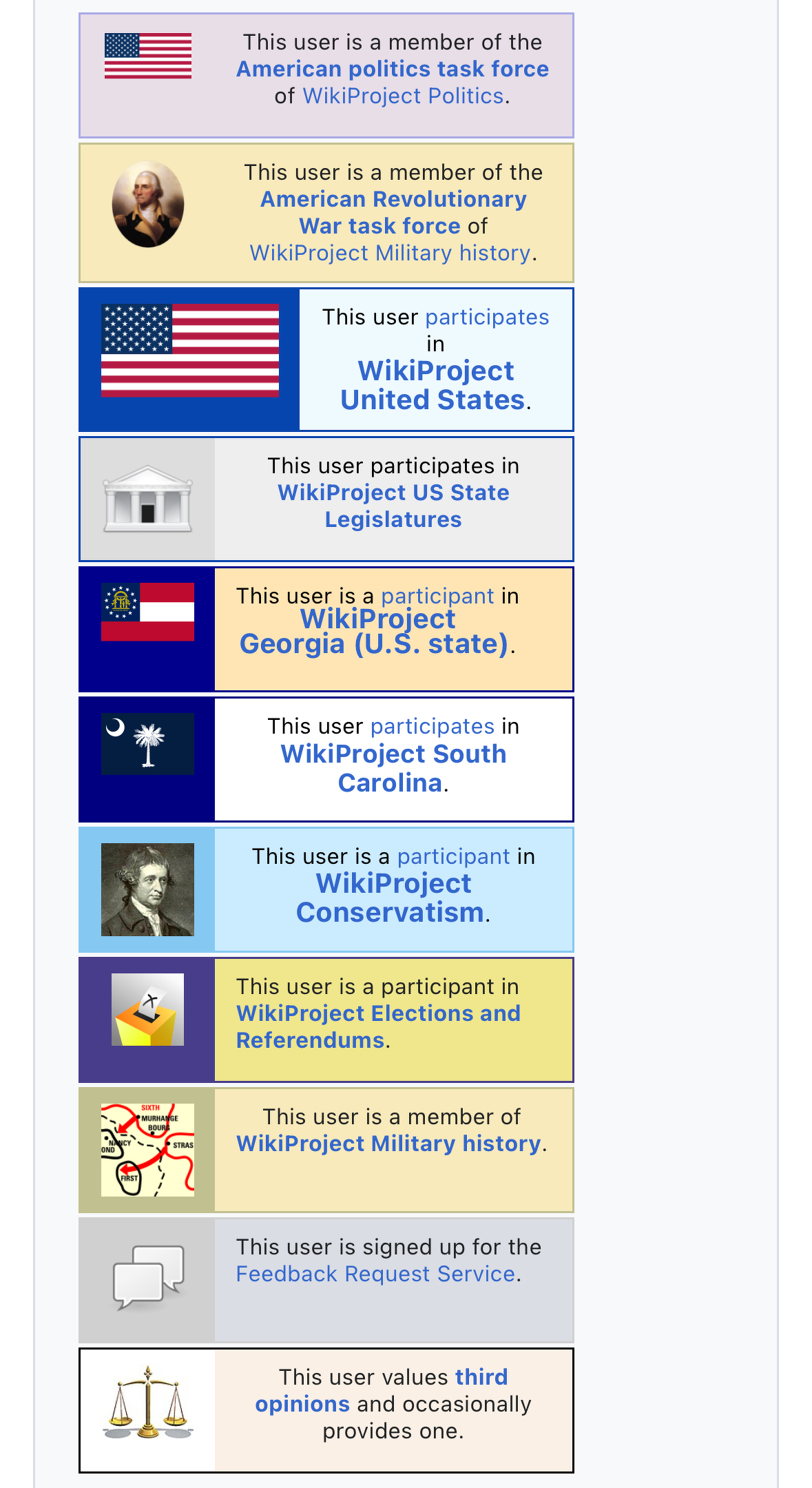 A collection of userboxes for a Wikipedian depicts their participation and interests in various projects, including American politics, history, U.S. states, conservatism, and feedback services.