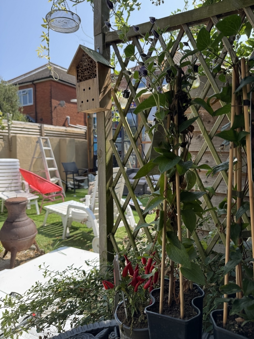 A garden scene features a wooden trellis with potted plants, a bee house, and a cozy setup including a chimney and chairs. 