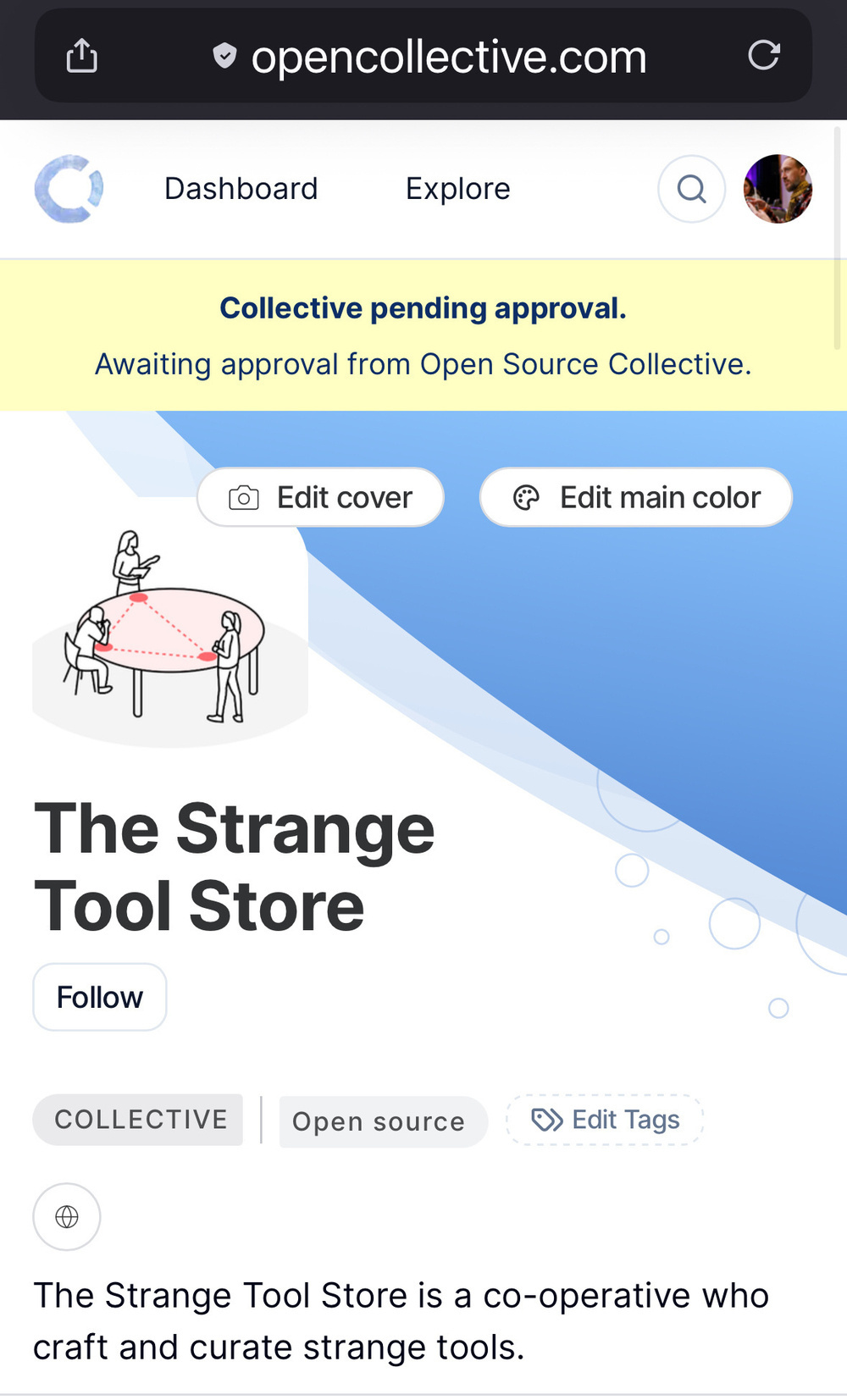 Screenshot of page for "The Strange Tool Store" Collective awaiting approval from Open Collective.