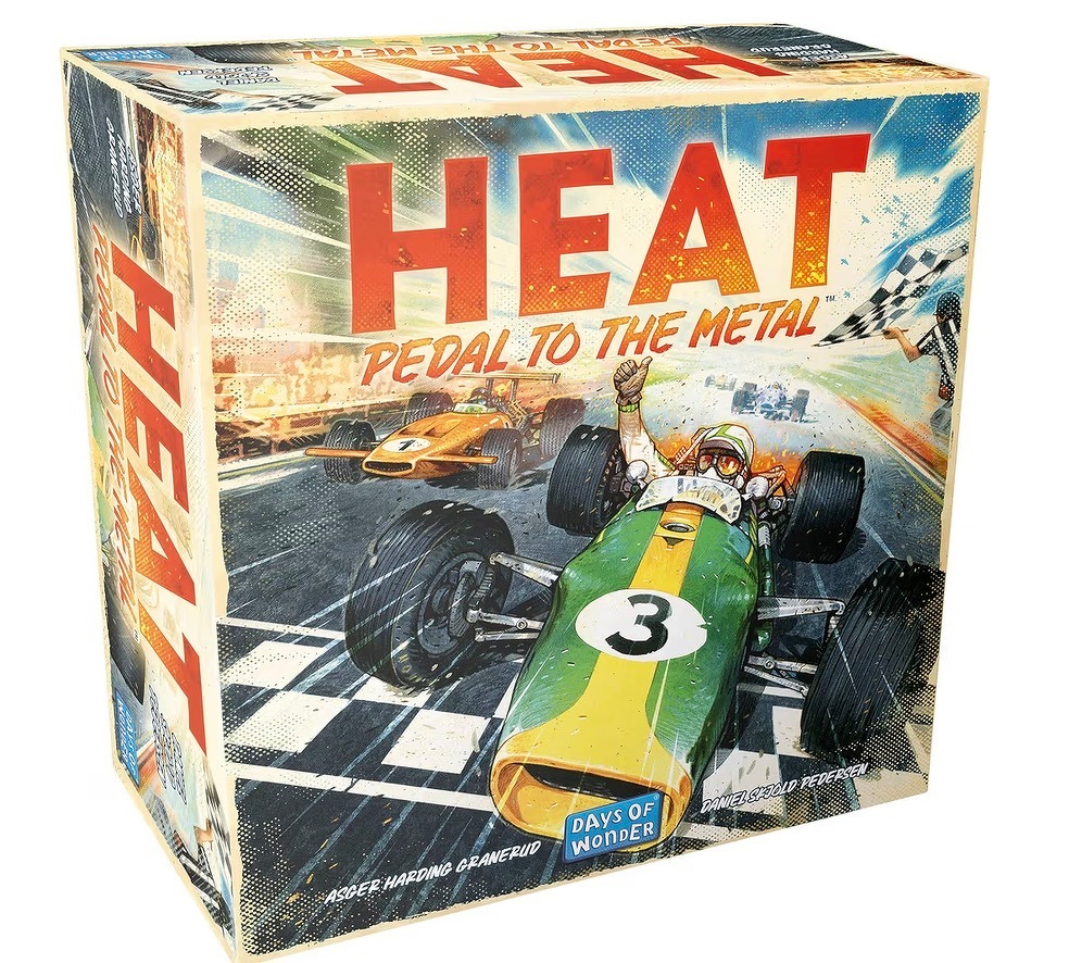 A board game box titled Heat: Pedal to the Metal features dynamic artwork of a vintage race car crossing a finish line.