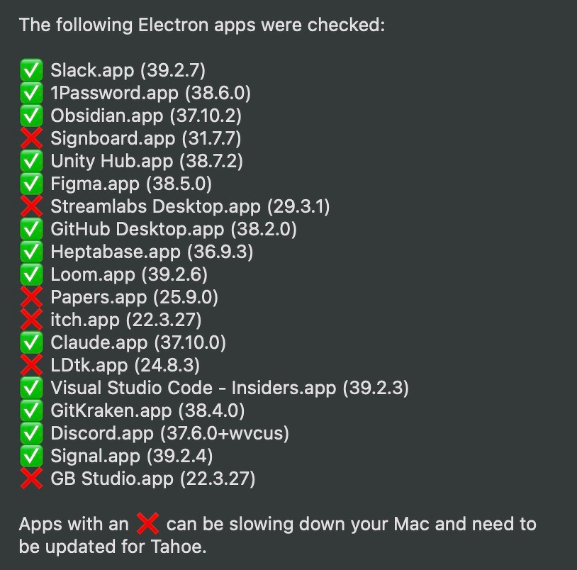 A list of Electron apps with checkmarks and Xs indicates which ones are compatible or not with the Tahoe update on a Mac.