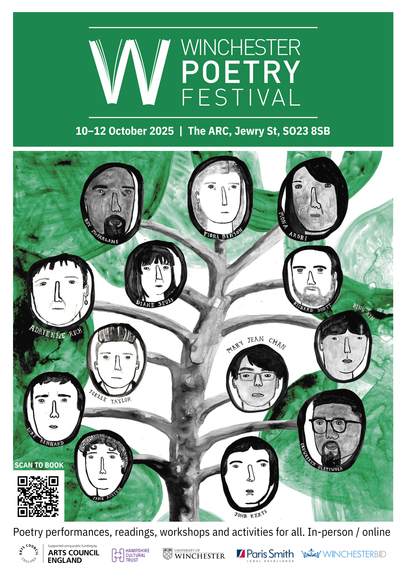 A tree with illustrated faces and names of poets is depicted on a poster for the Winchester Poetry Festival, scheduled from 10–12 October 2025.