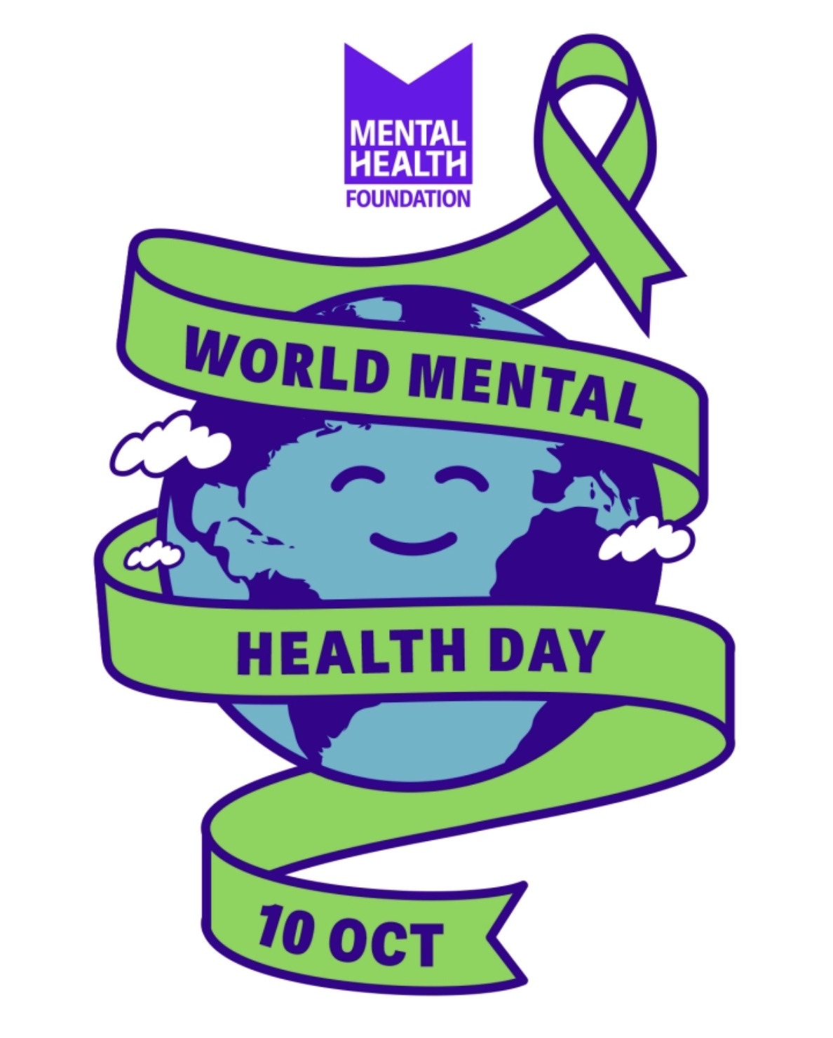 A smiling Earth is wrapped in a green ribbon with World Mental Health Day 10 Oct text, featuring the Mental Health Foundation logo and an awareness ribbon.