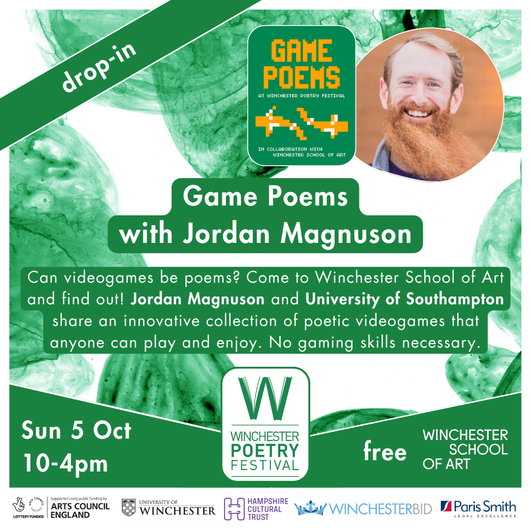 A promotional flyer for "Game Poems with Jordan Magnuson" at the Winchester Poetry Festival shows event details, including date, time, and location. 
