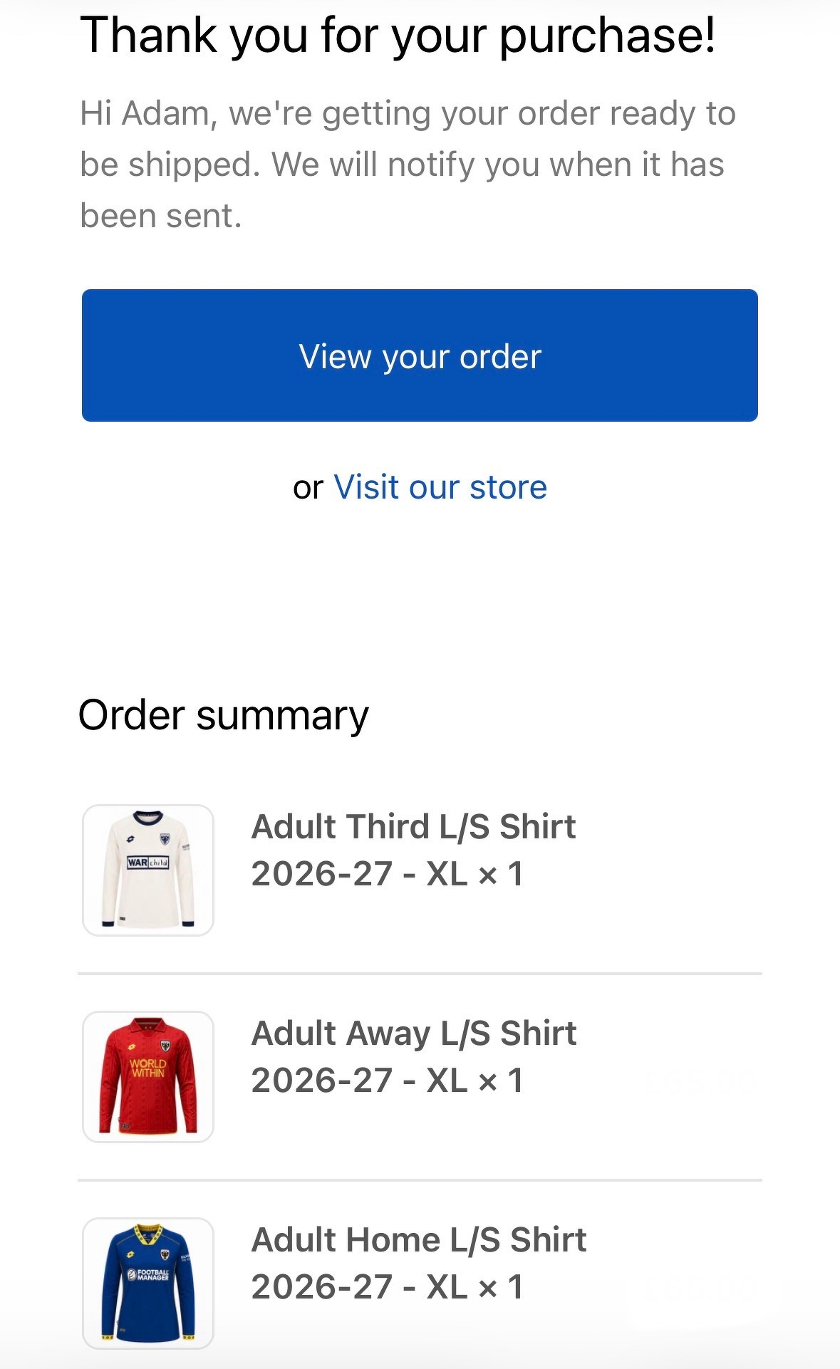 A purchase confirmation message shows that Adam has ordered three 2026-27 adult long-sleeve shirts in XL size, including third, away, and home designs.
