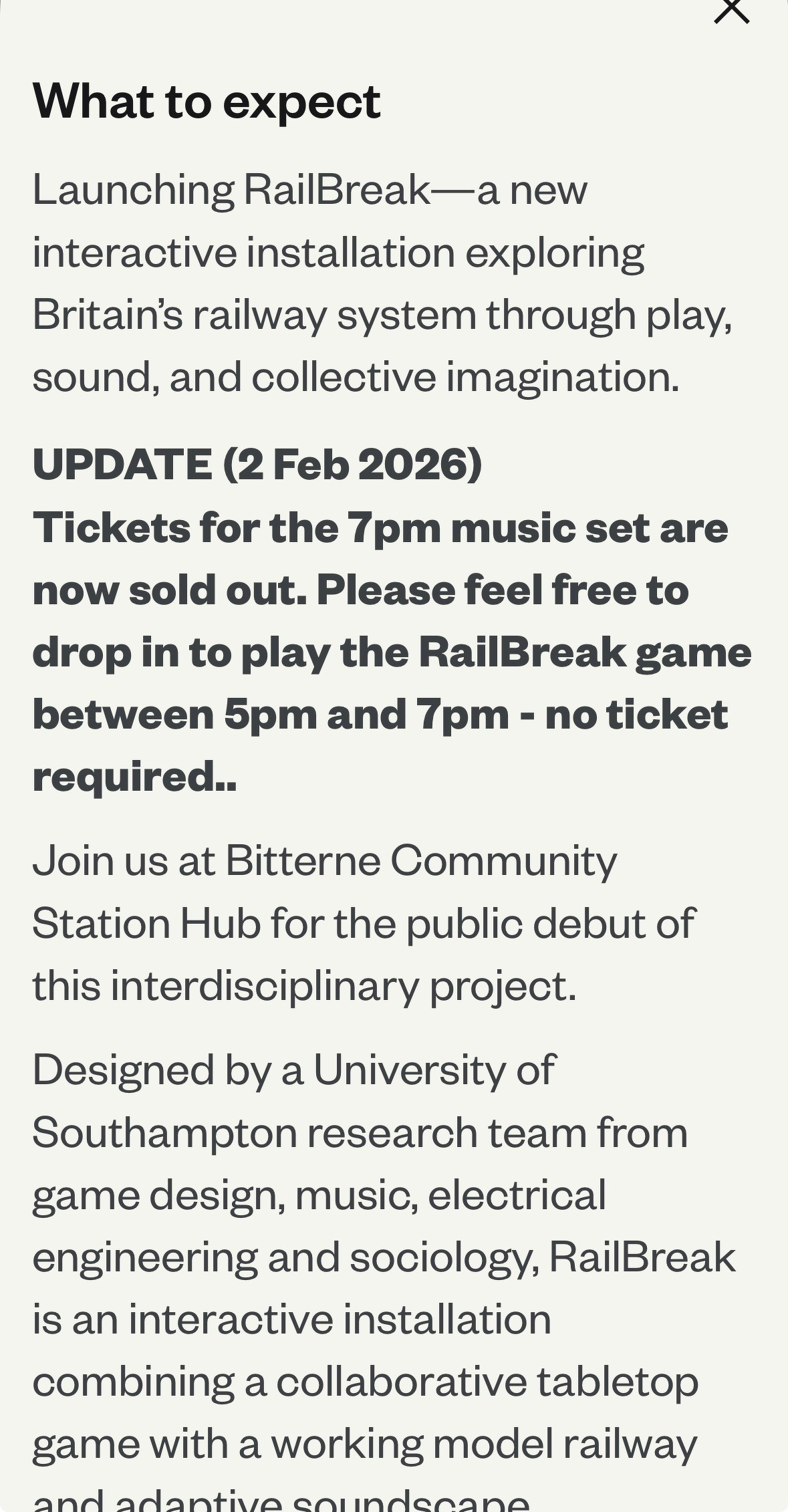 Information about RailBreak, a collaborative installation exploring Britain's railway system through play, featuring a public debut and sold-out music set tickets.