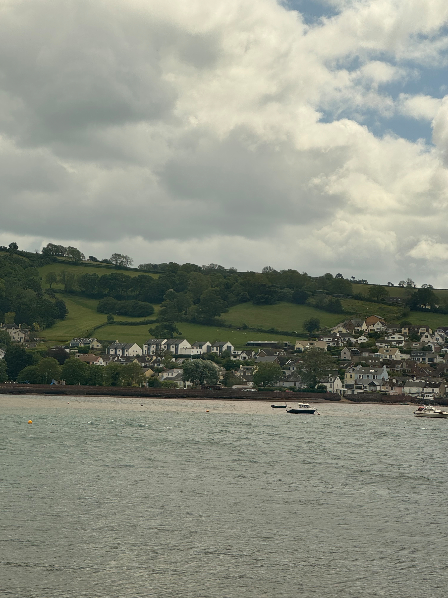 A scenic coastal village with houses scattered on a green hillside overlooking calm waters under a cloudy sky.