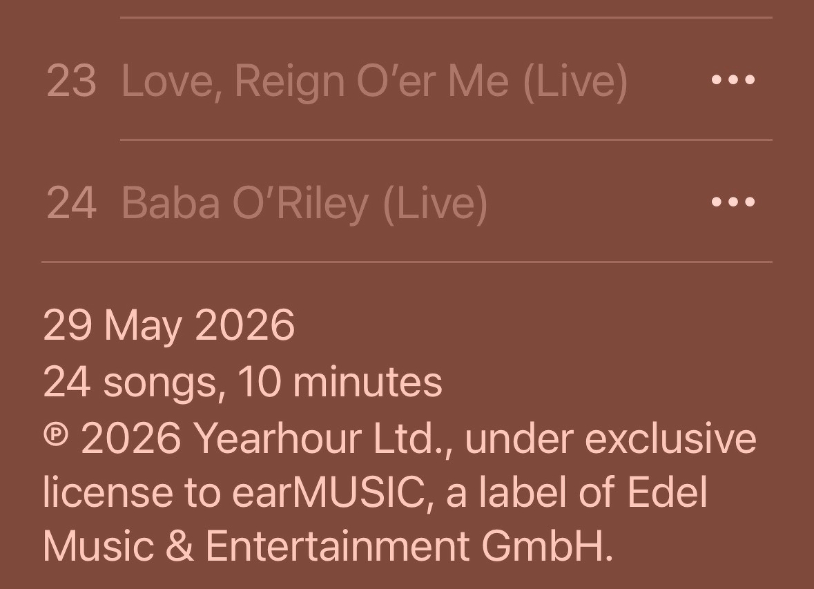 A playlist or album listing includes Love, Reign O’er Me (Live) and Baba O’Riley (Live), along with details about the release date and licensing.