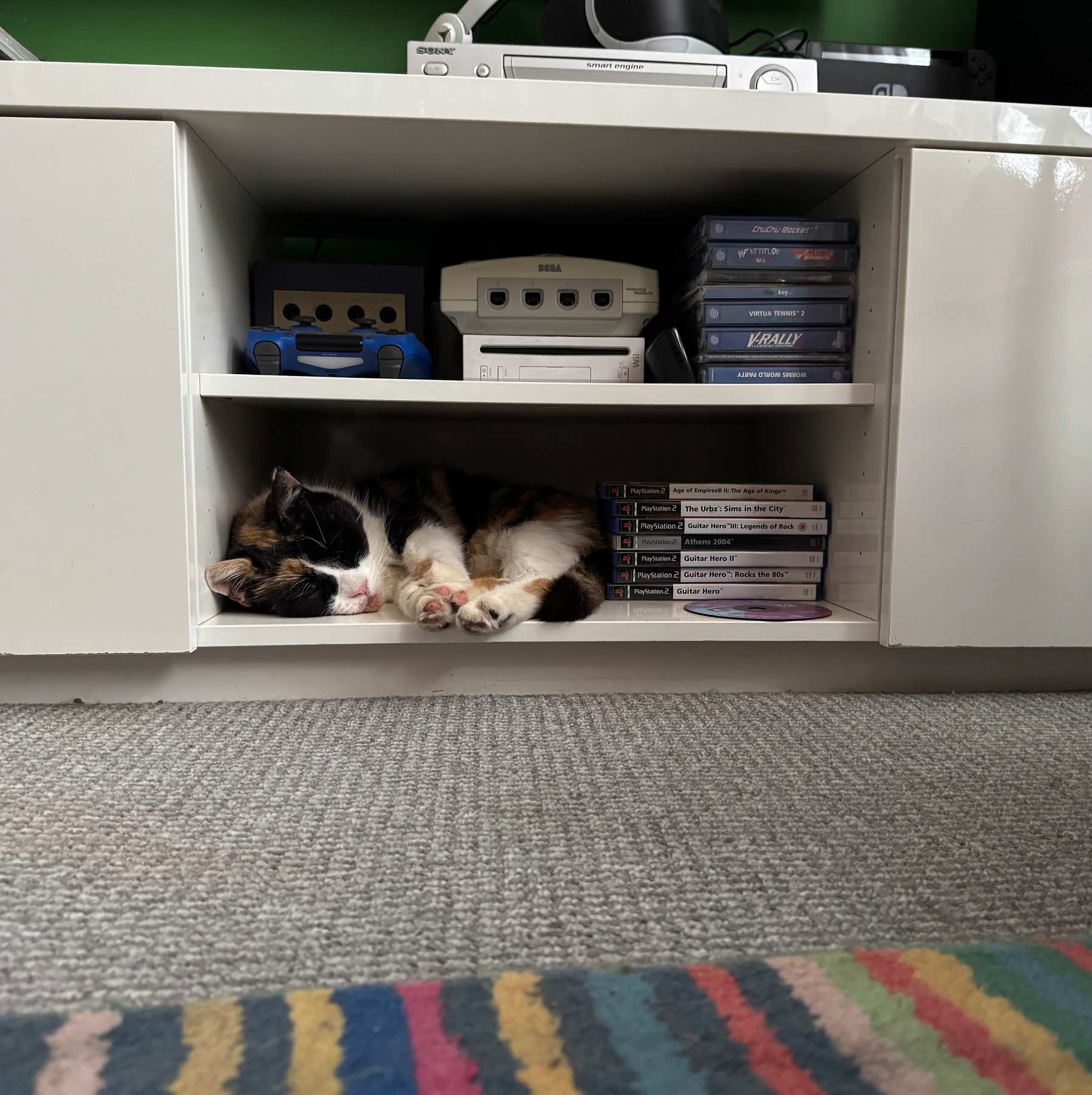 A calico cat is sleeping on a shelf inside a white entertainment unit surrounded by video game consoles and game cases.