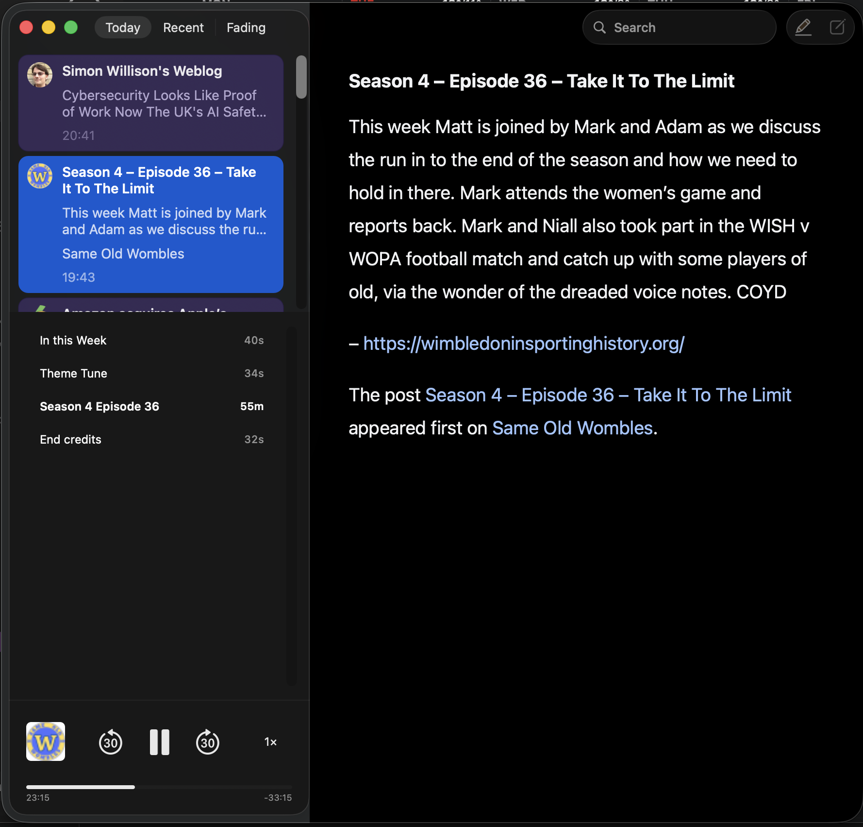 A podcast episode titled Season 4 – Episode 36 – Take It To the Limit is displayed on a screen with notes and a progress bar.